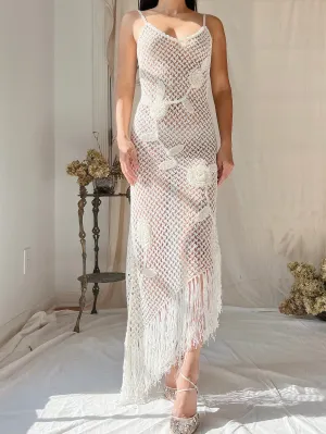1990s Asymmetrical Hem Crochet Ivory Dress - S/M