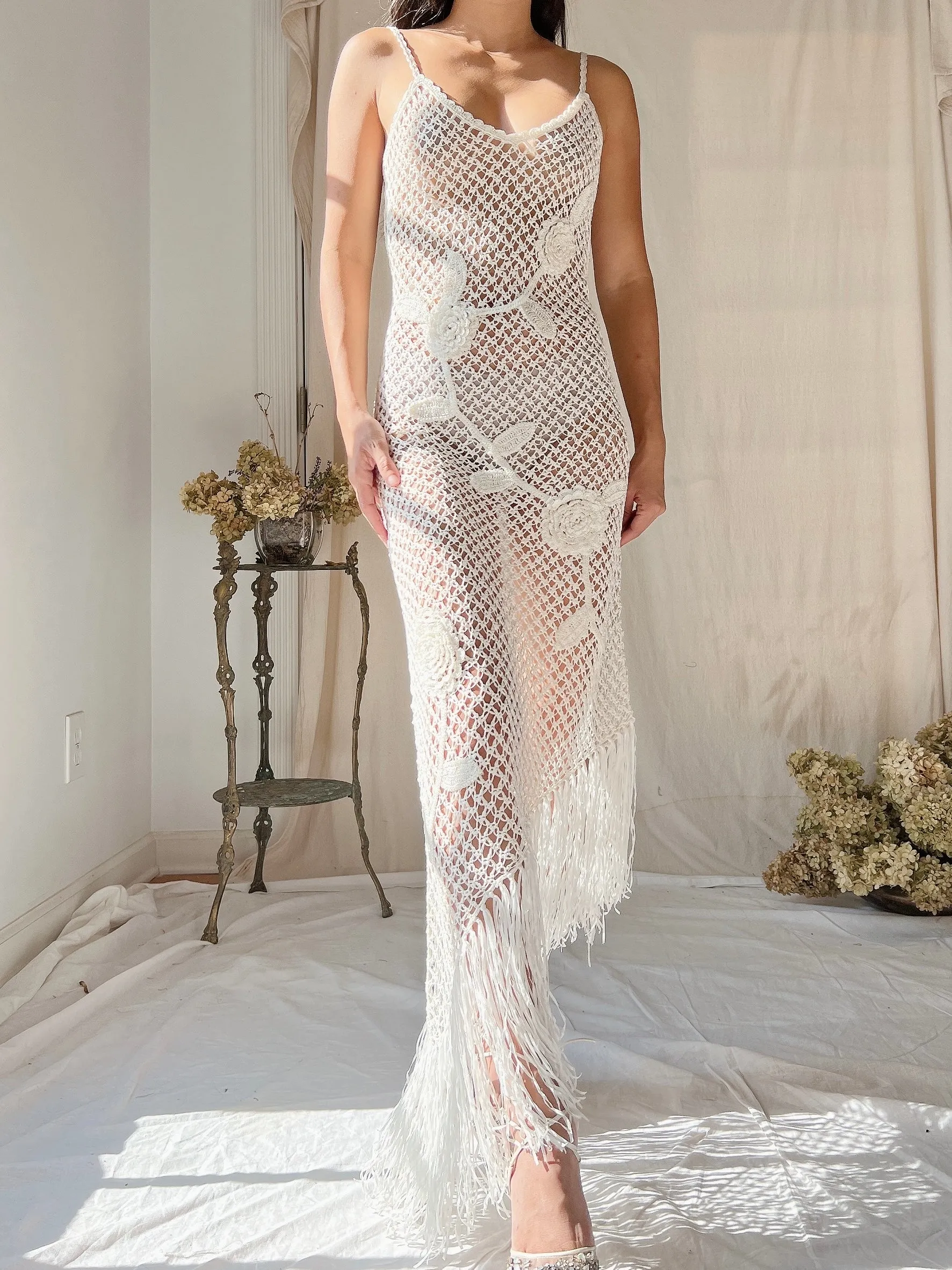 1990s Asymmetrical Hem Crochet Ivory Dress - S/M