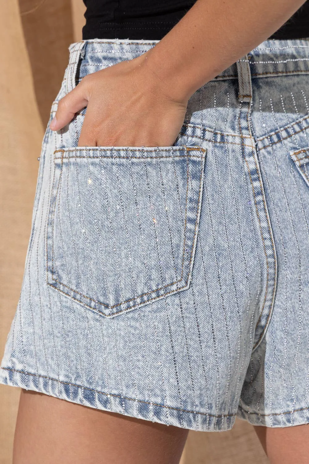 22241P - Crystal Mini Stud Washed Denim Shorts Side Slit in Denim