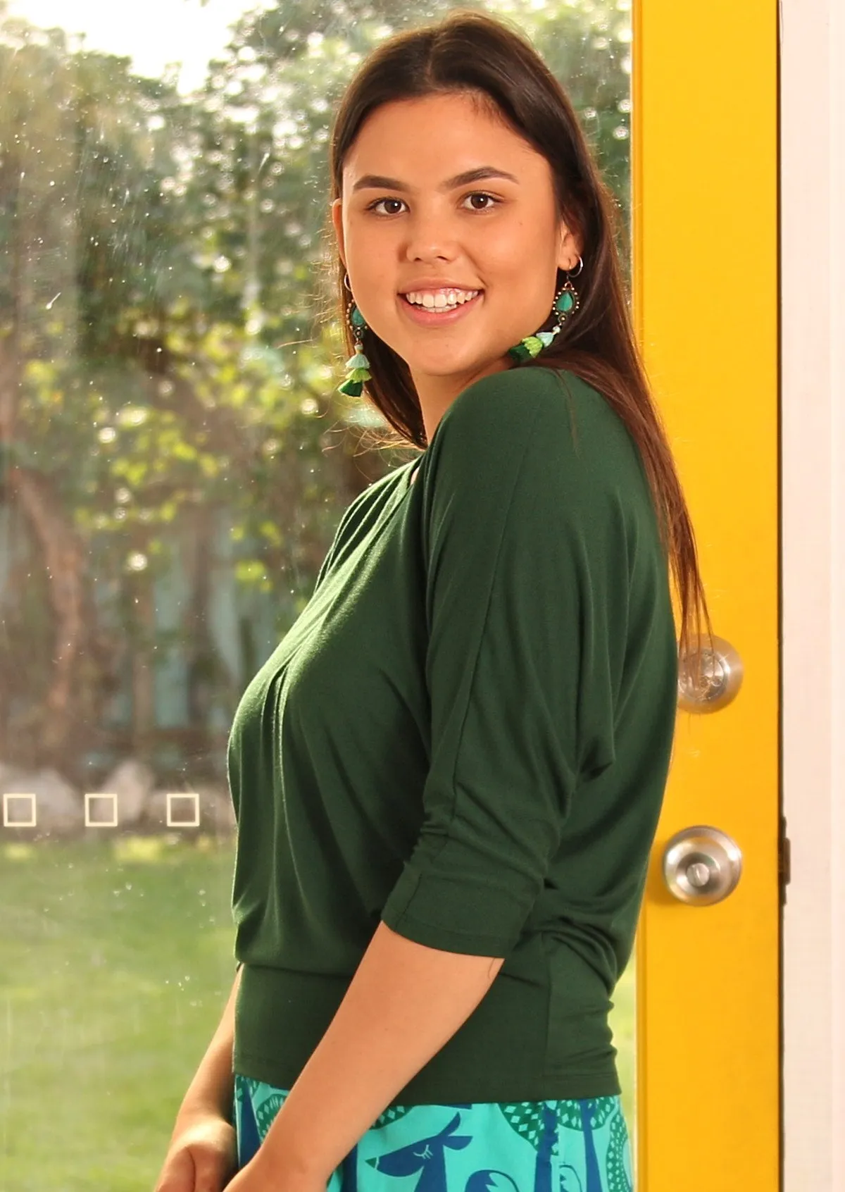 3/4 Sleeve V-neck Batwing Top Forest Green