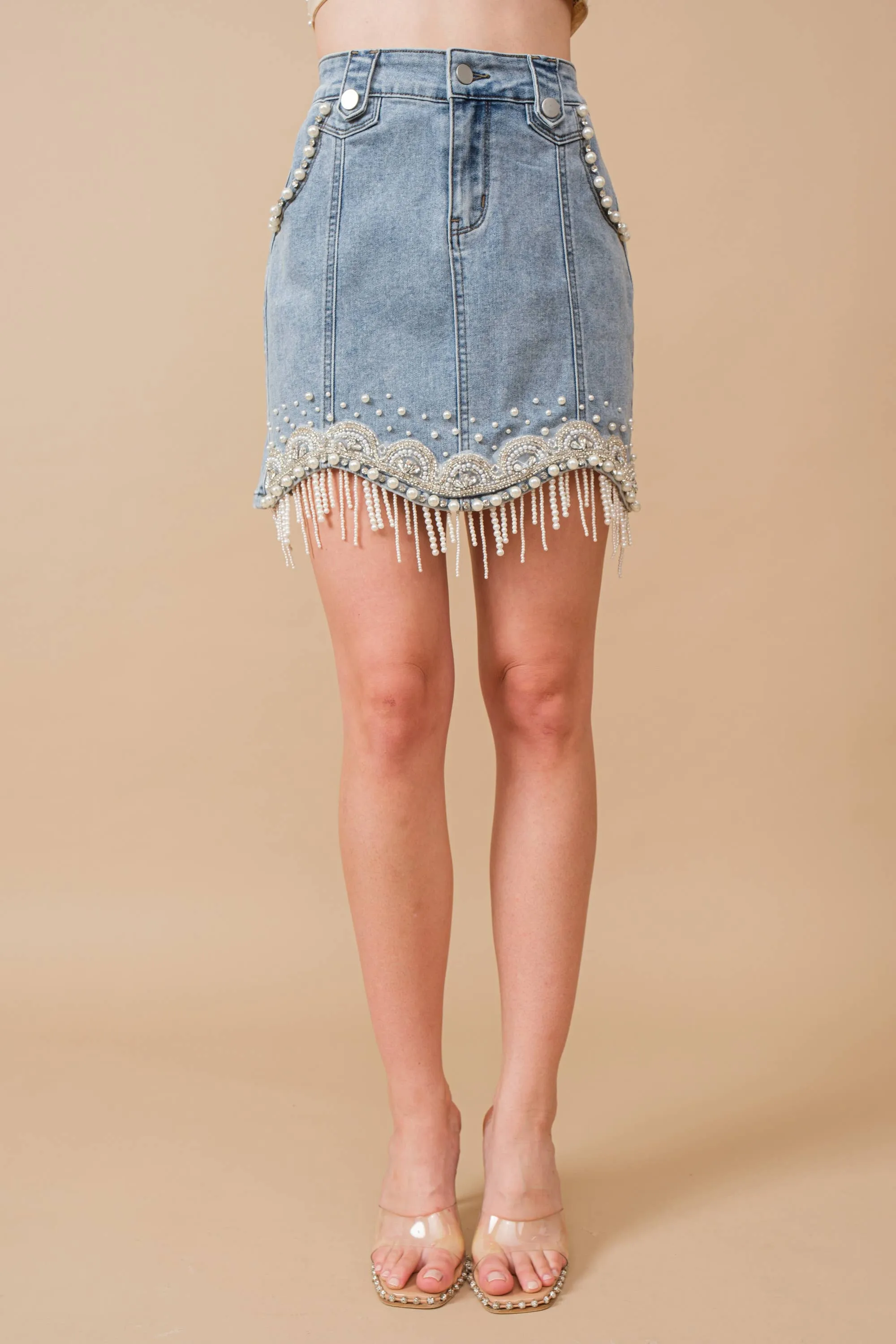 80038S - Stretch Denim Embellished Pearl Fringe Mini Skirt medium wash