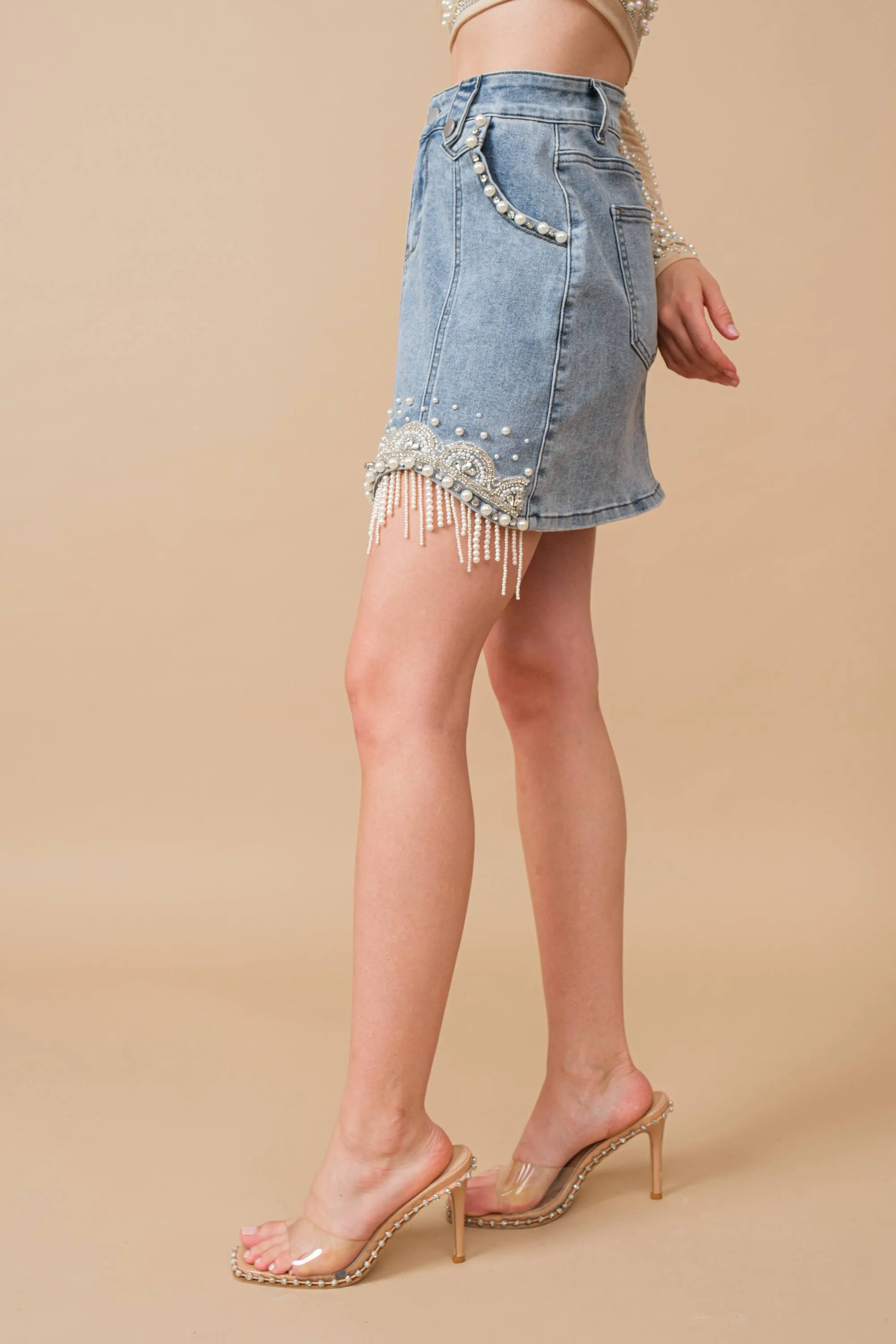 80038S - Stretch Denim Embellished Pearl Fringe Mini Skirt medium wash