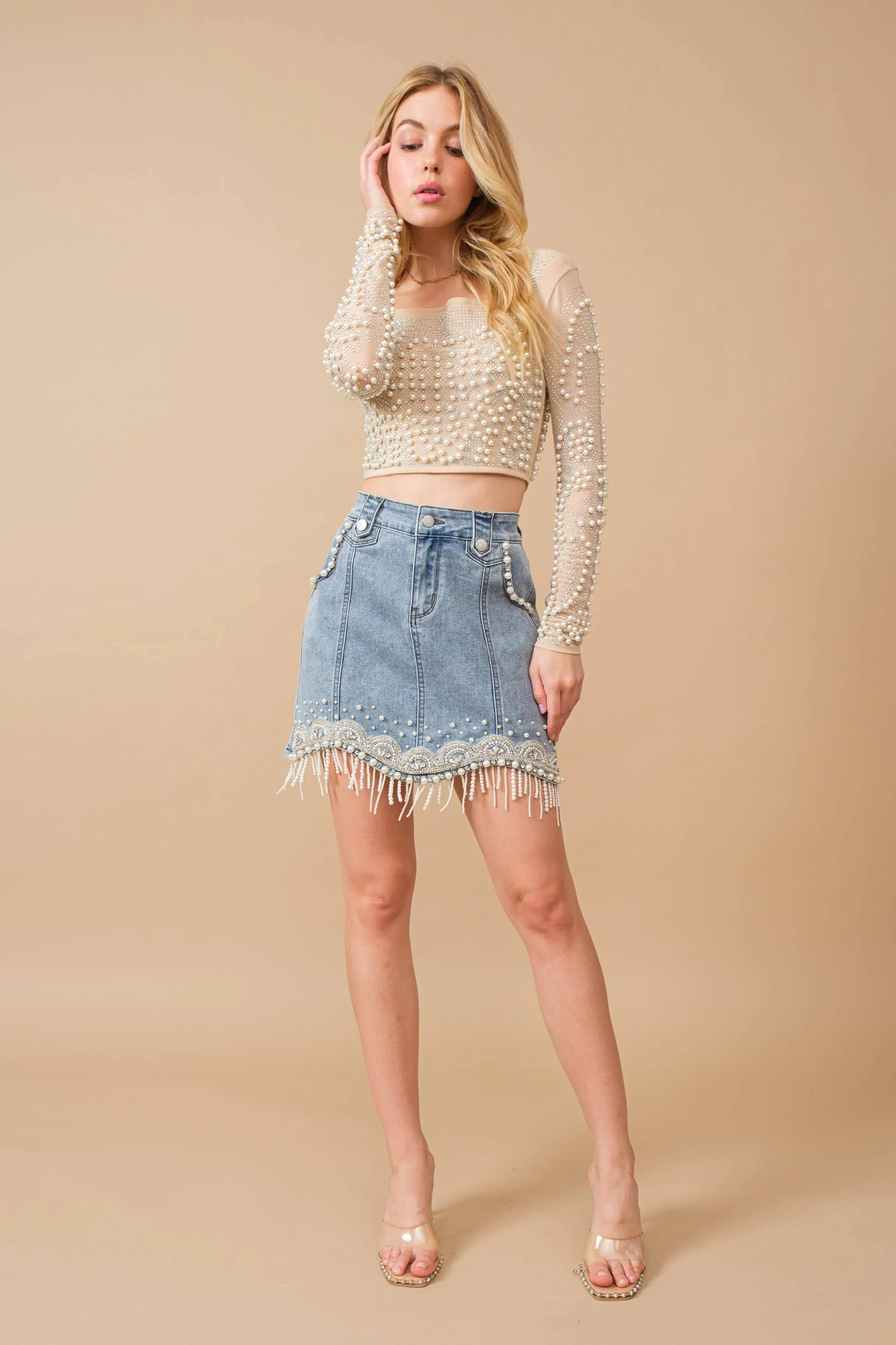 80038S - Stretch Denim Embellished Pearl Fringe Mini Skirt medium wash