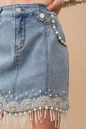 80038S - Stretch Denim Embellished Pearl Fringe Mini Skirt medium wash