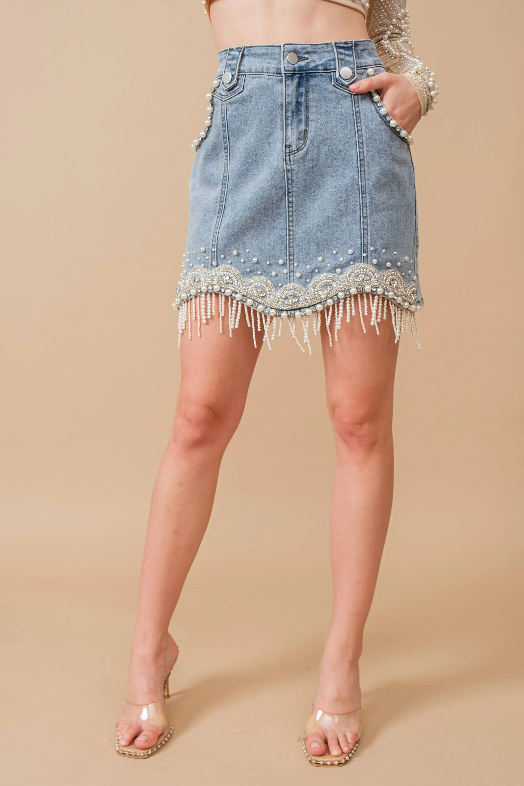 80038S - Stretch Denim Embellished Pearl Fringe Mini Skirt medium wash