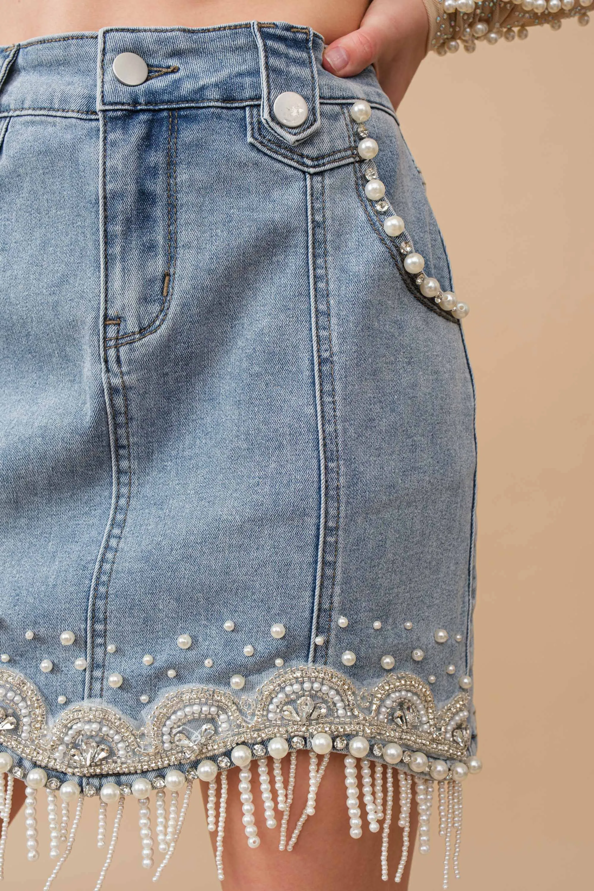 80038S - Stretch Denim Embellished Pearl Fringe Mini Skirt medium wash