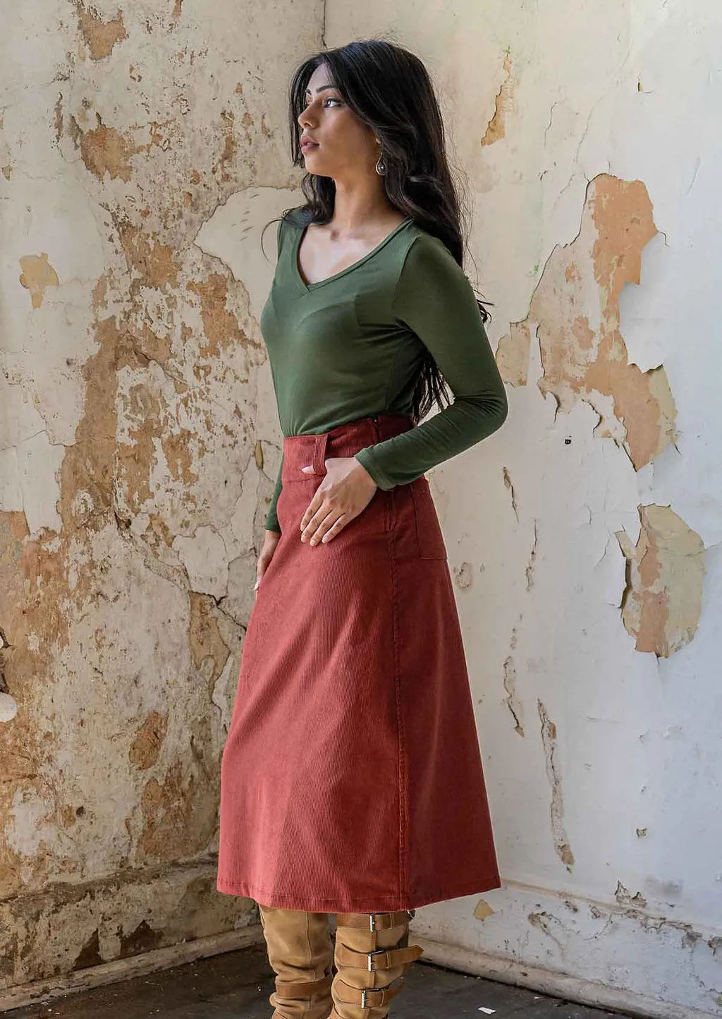 Belt Loop Corduroy Skirt Burnt Henna