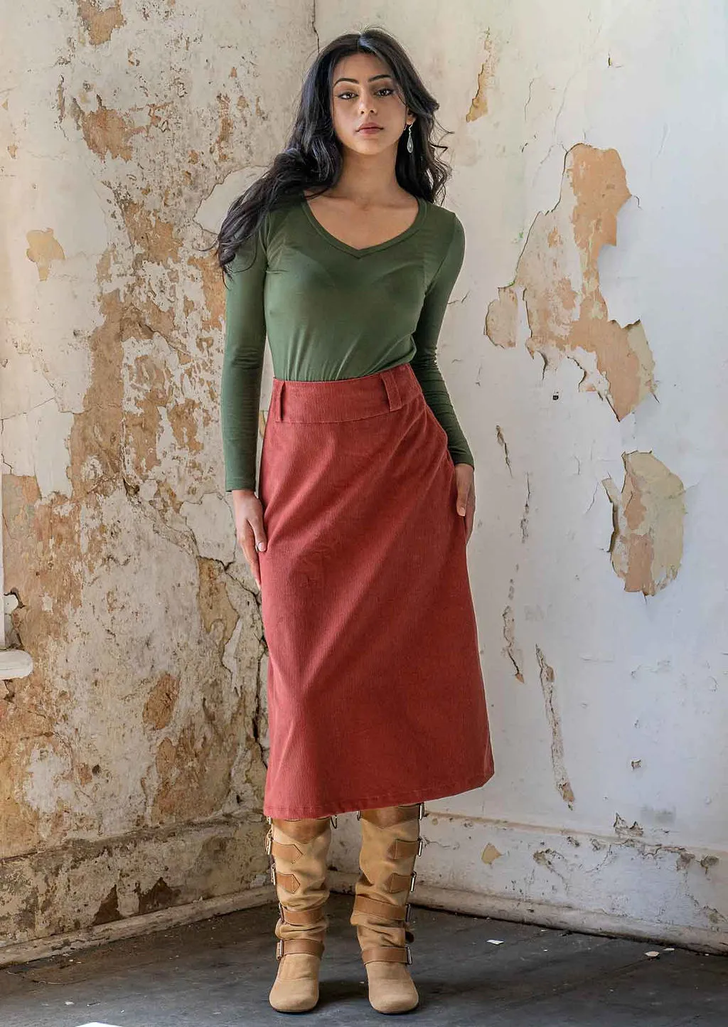 Belt Loop Corduroy Skirt Burnt Henna