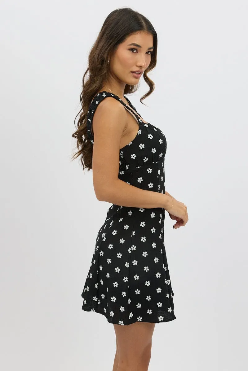 Black Floral Mini Dress Gathered Bust
