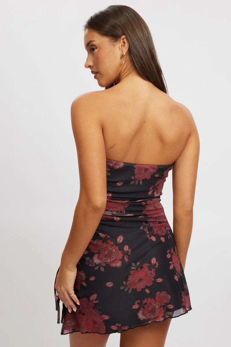 Black Floral Strapless Dress Mini Mesh