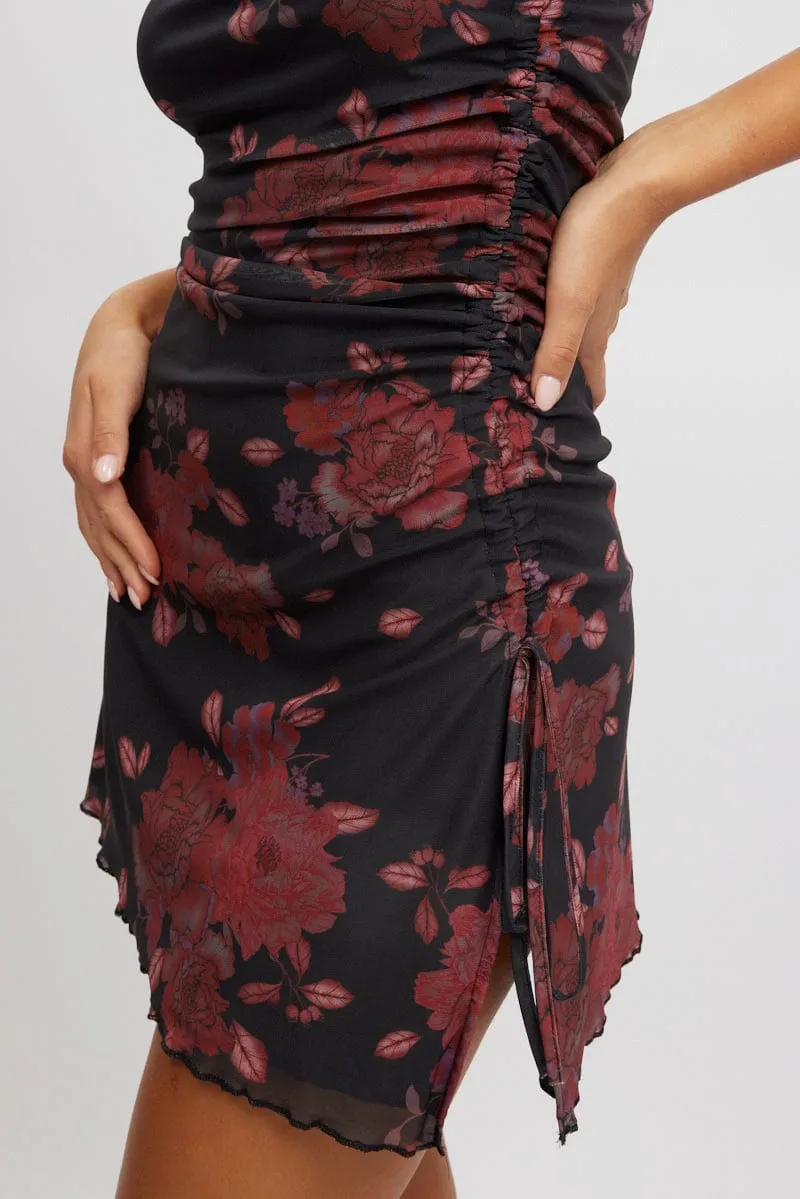 Black Floral Strapless Dress Mini Mesh