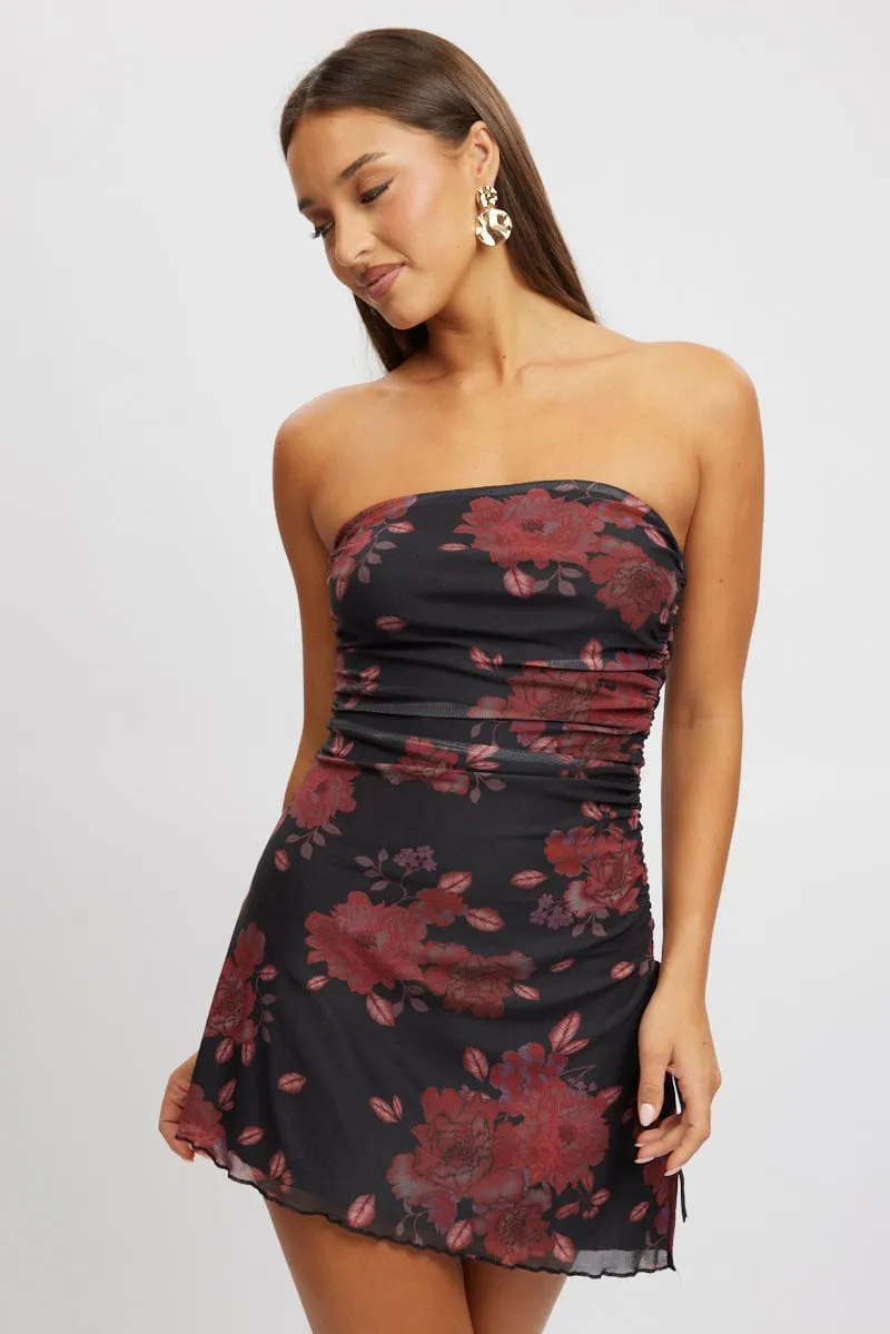 Black Floral Strapless Dress Mini Mesh