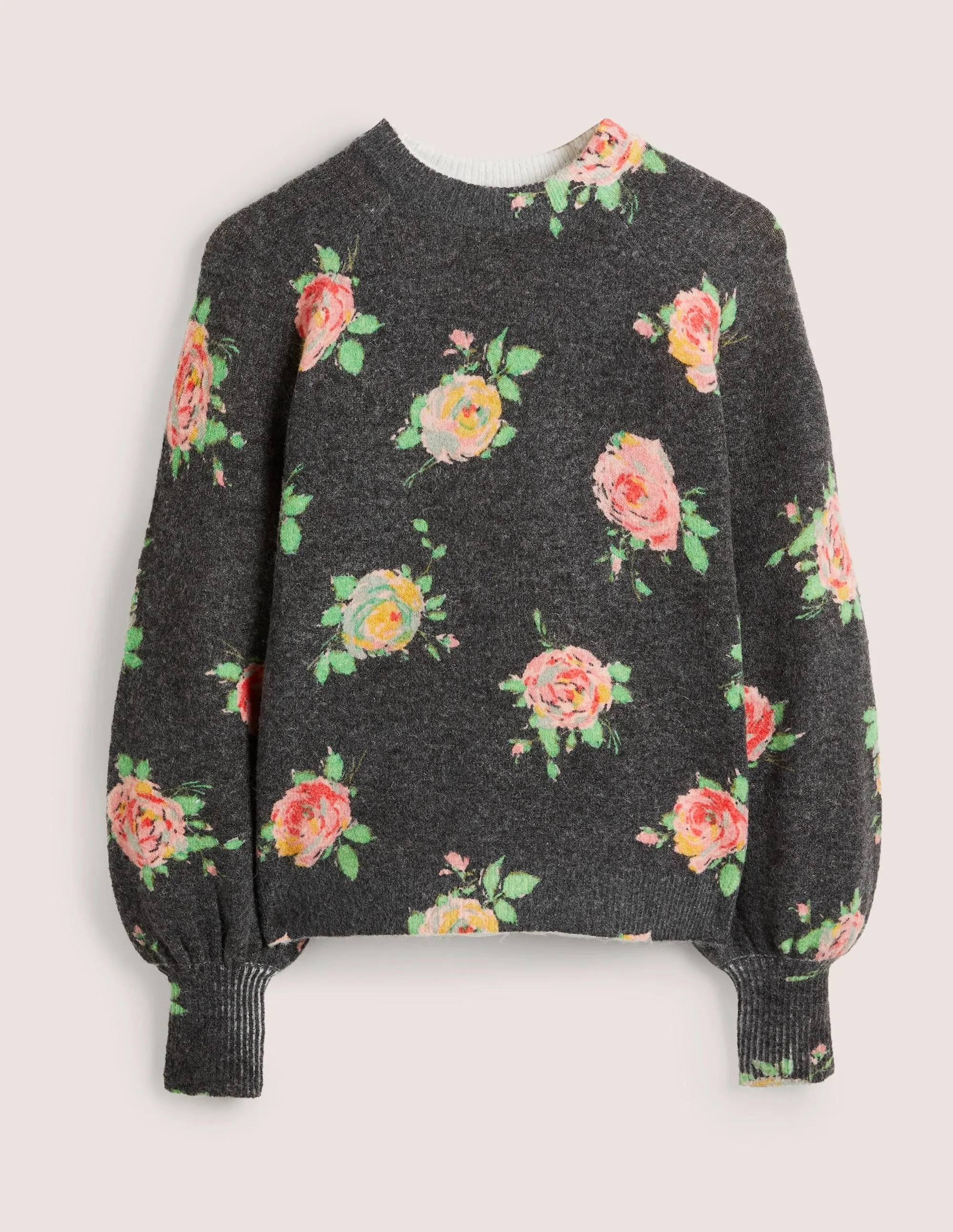 Blouson Sleeve Fluffy Jumper-Black. Painterly Rose