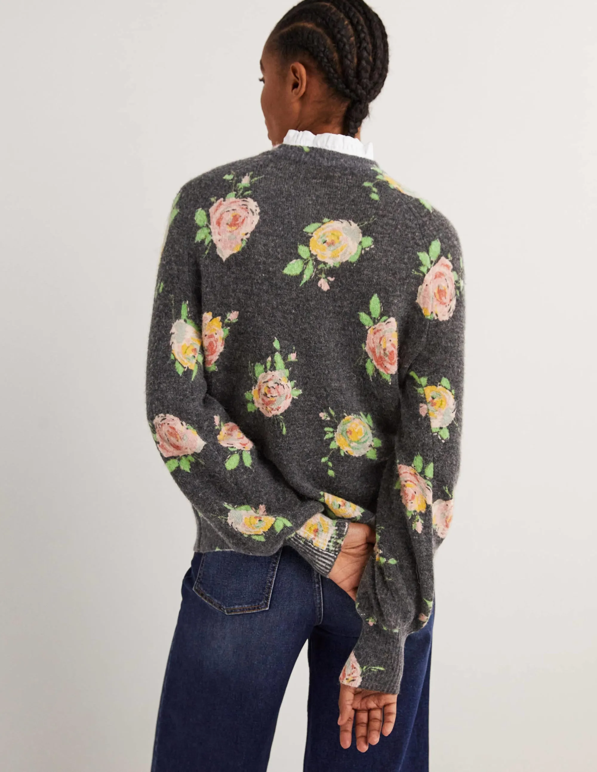 Blouson Sleeve Fluffy Jumper-Black. Painterly Rose