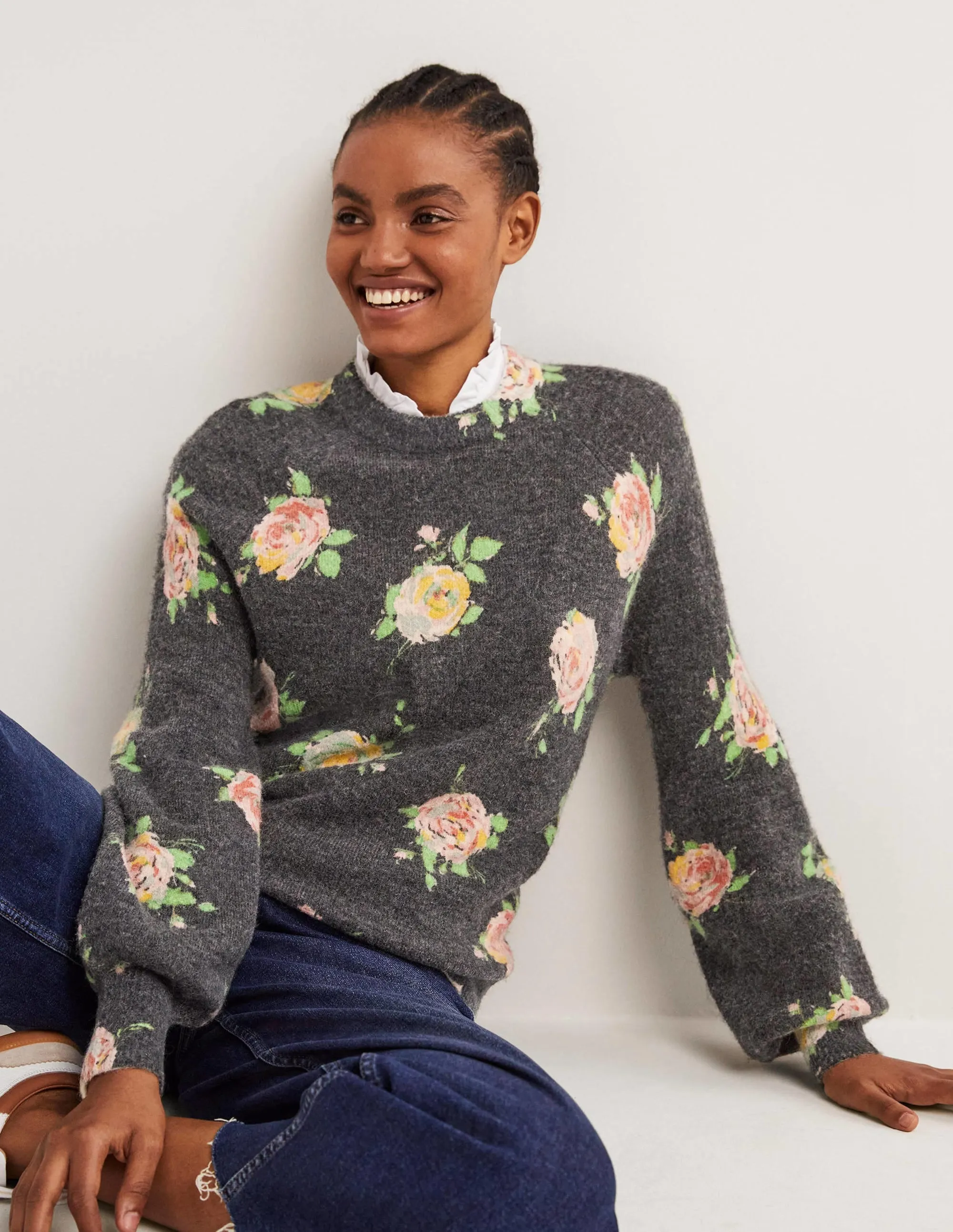 Blouson Sleeve Fluffy Jumper-Black. Painterly Rose