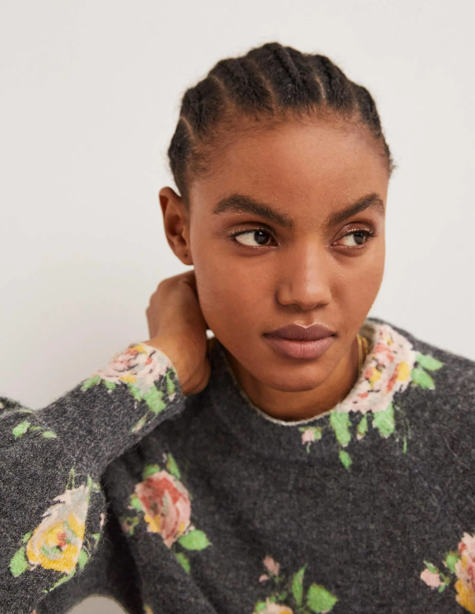 Blouson Sleeve Fluffy Jumper-Black. Painterly Rose