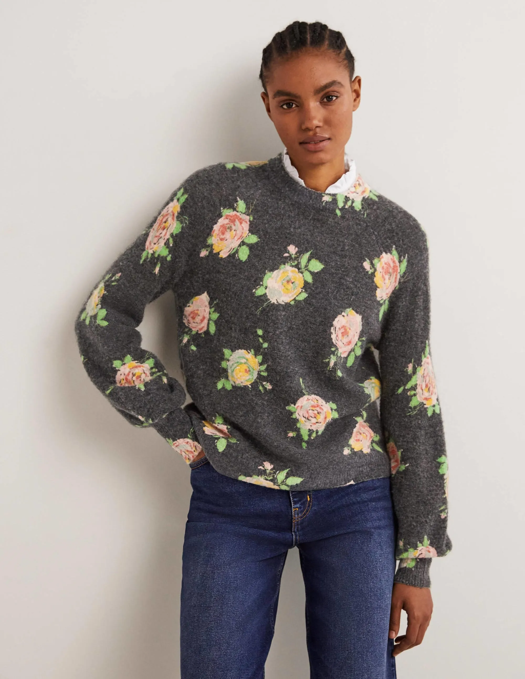 Blouson Sleeve Fluffy Jumper-Black. Painterly Rose