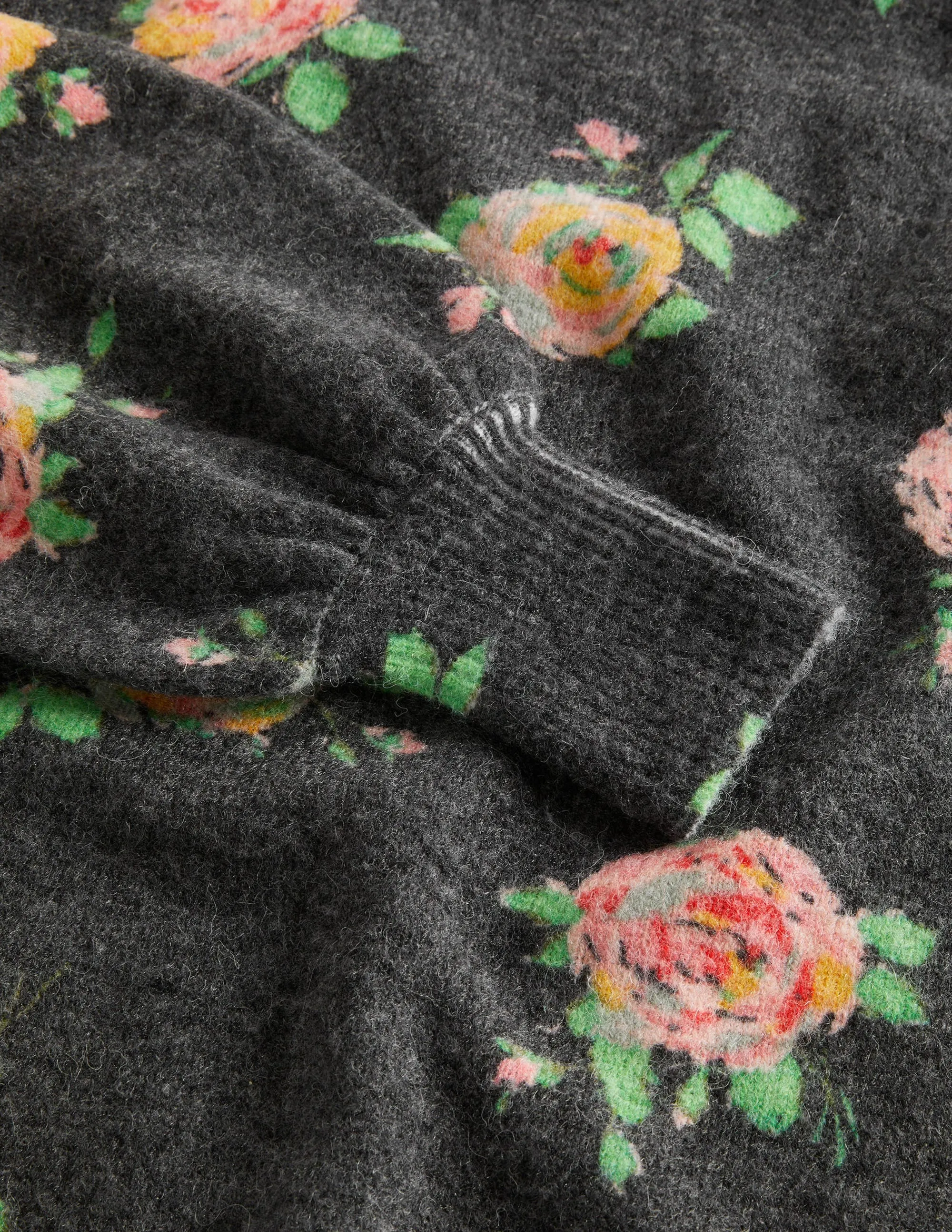 Blouson Sleeve Fluffy Jumper-Black. Painterly Rose