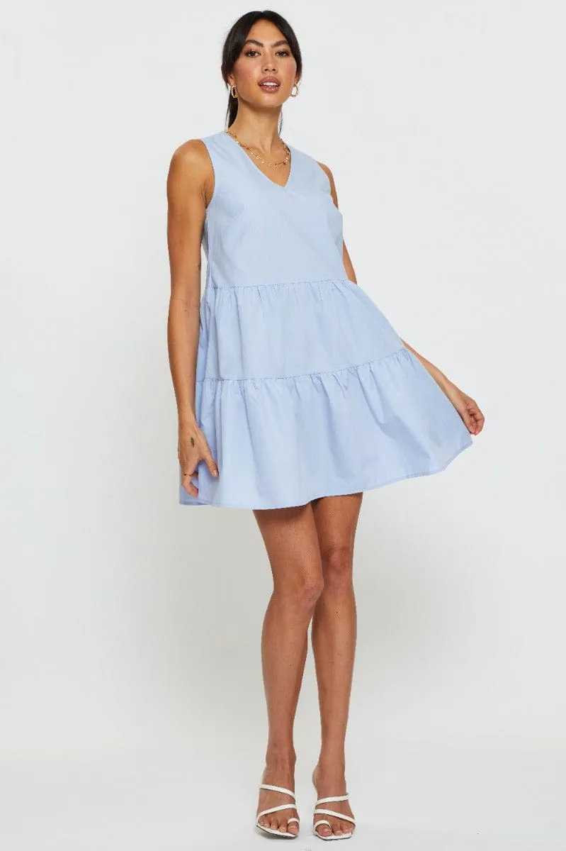 Blue A Line Dress Mini V Neck