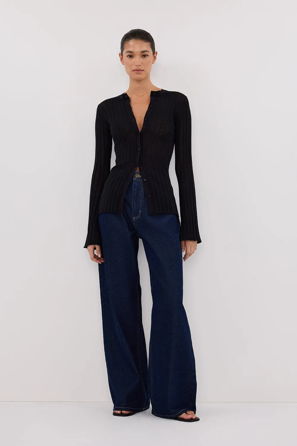 BOWIE BLACK BUTTON THROUGH KNIT TOP
