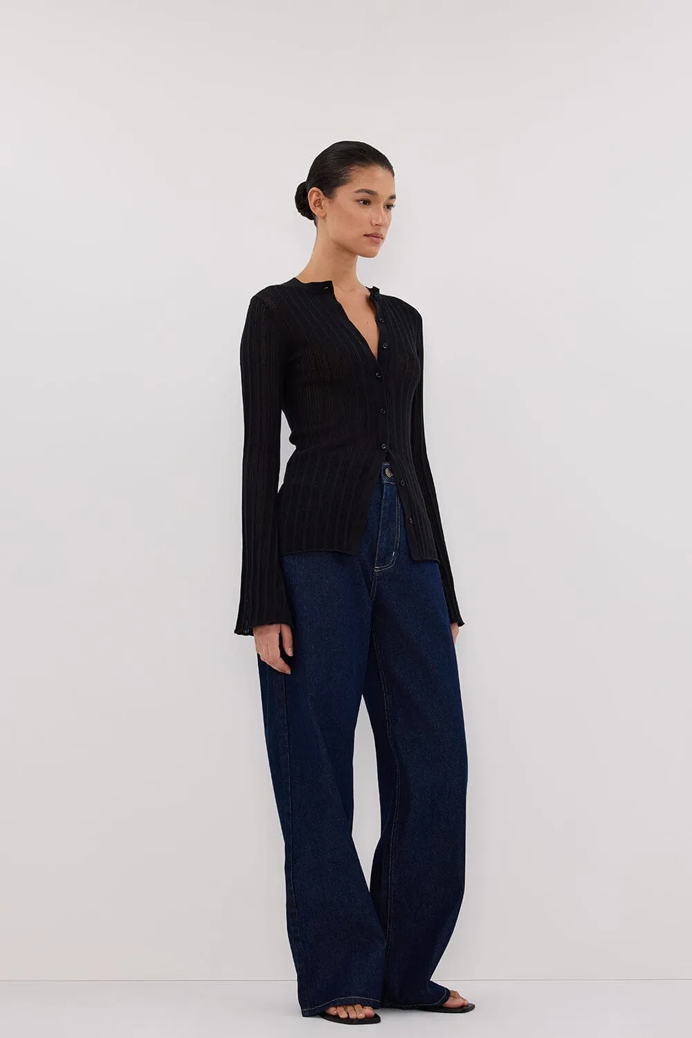 BOWIE BLACK BUTTON THROUGH KNIT TOP