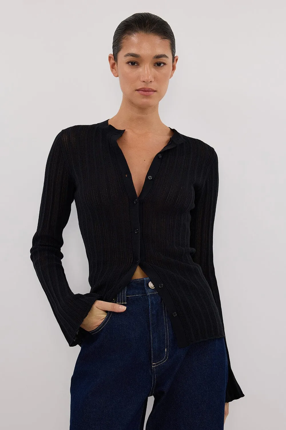 BOWIE BLACK BUTTON THROUGH KNIT TOP