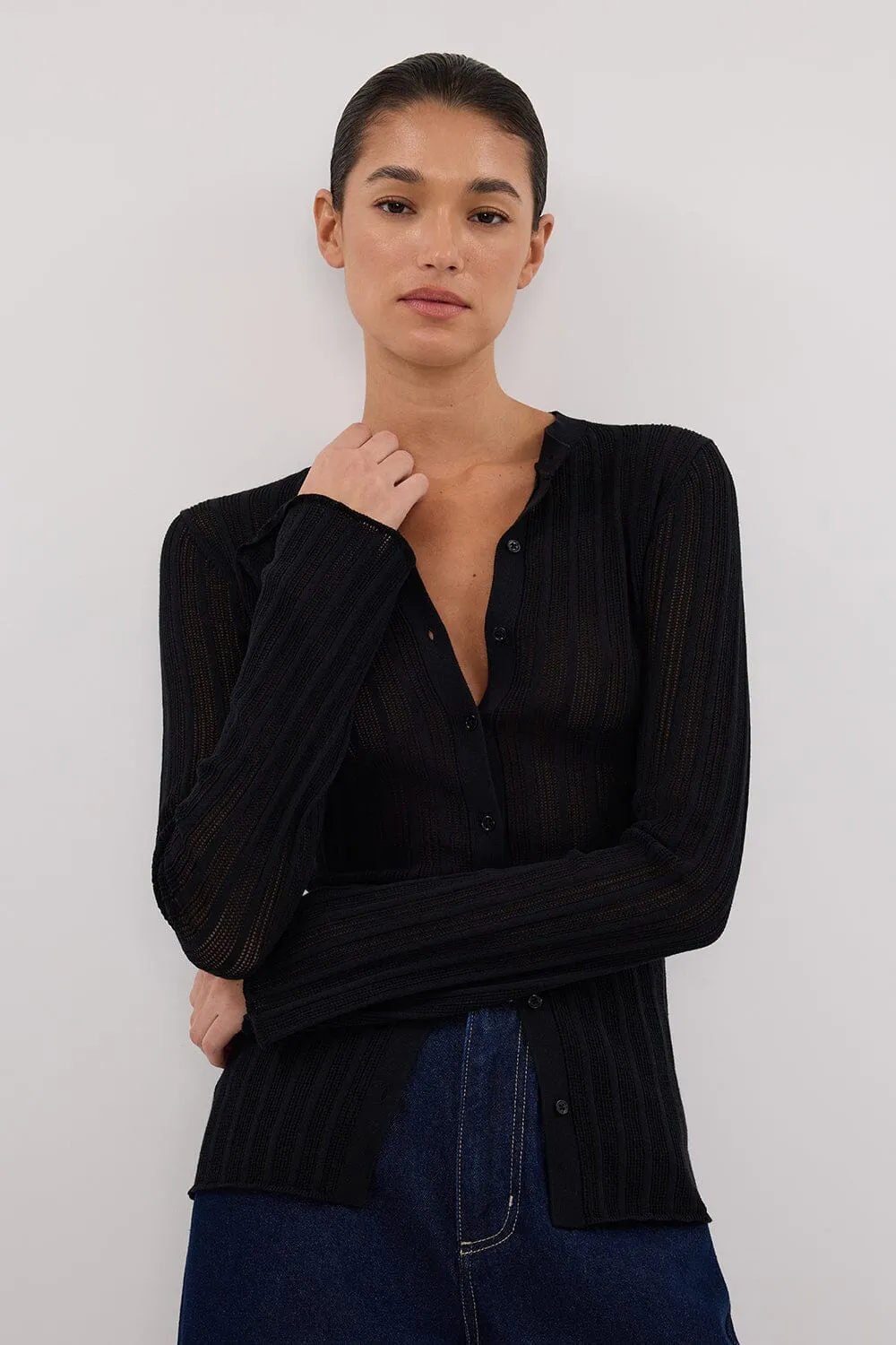 BOWIE BLACK BUTTON THROUGH KNIT TOP