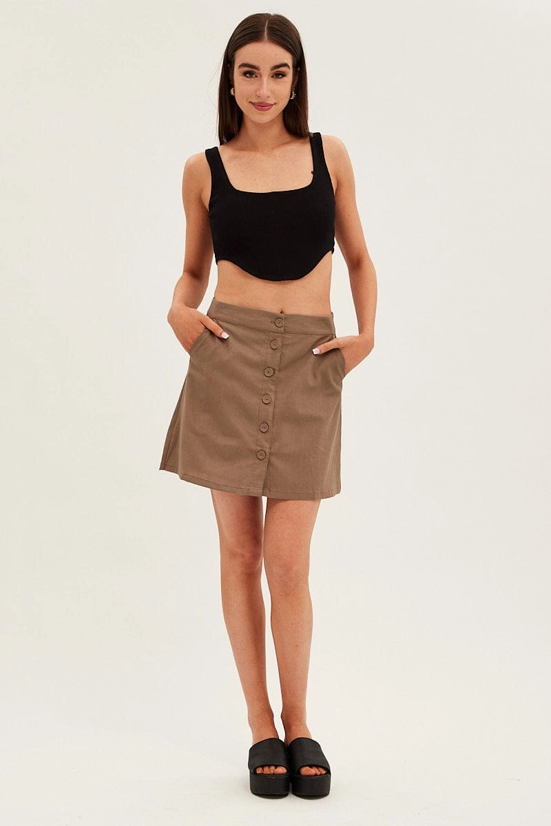Brown Linen Blend Button Front Mini Skirt