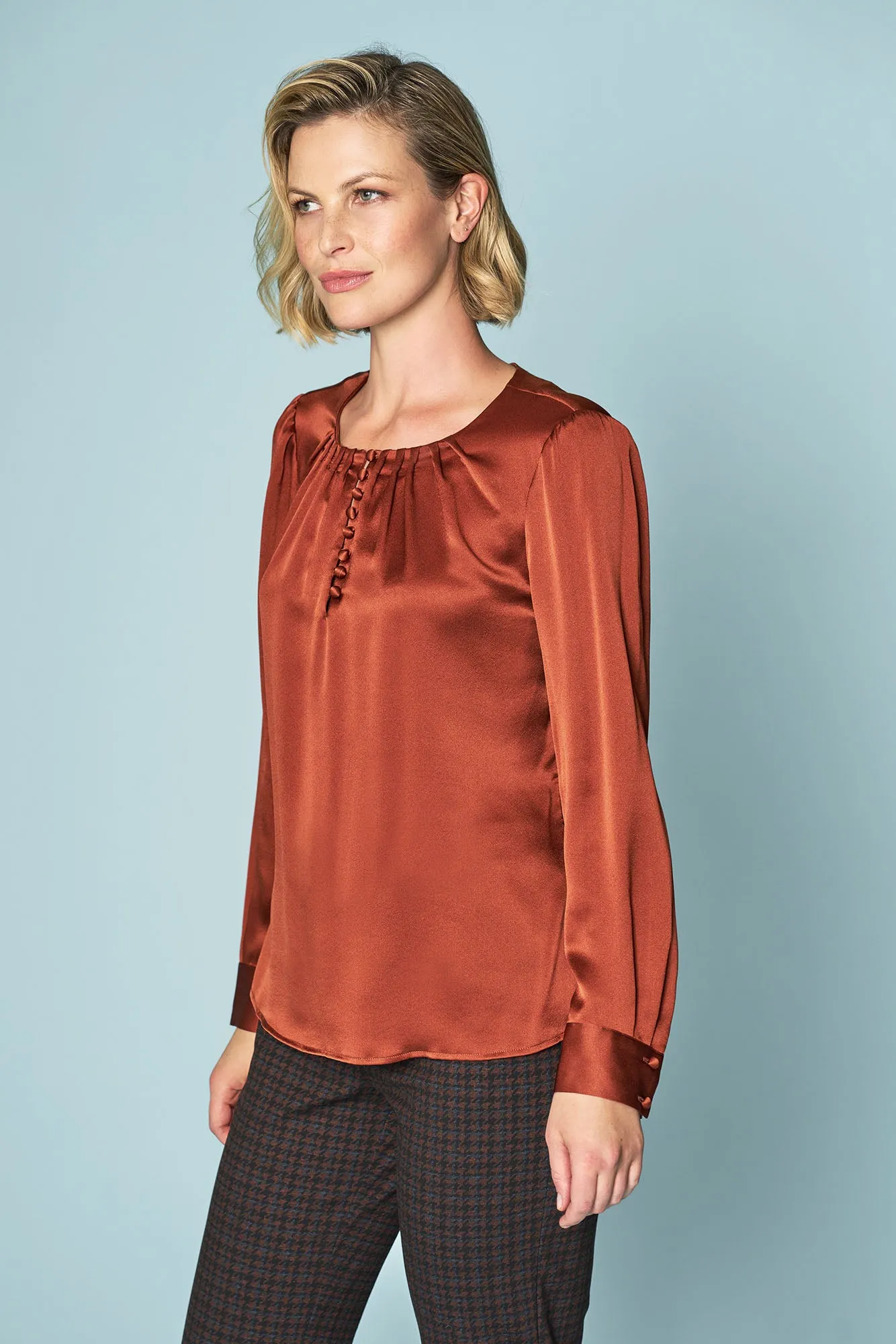 Button Detail Silk Blouse - Copper