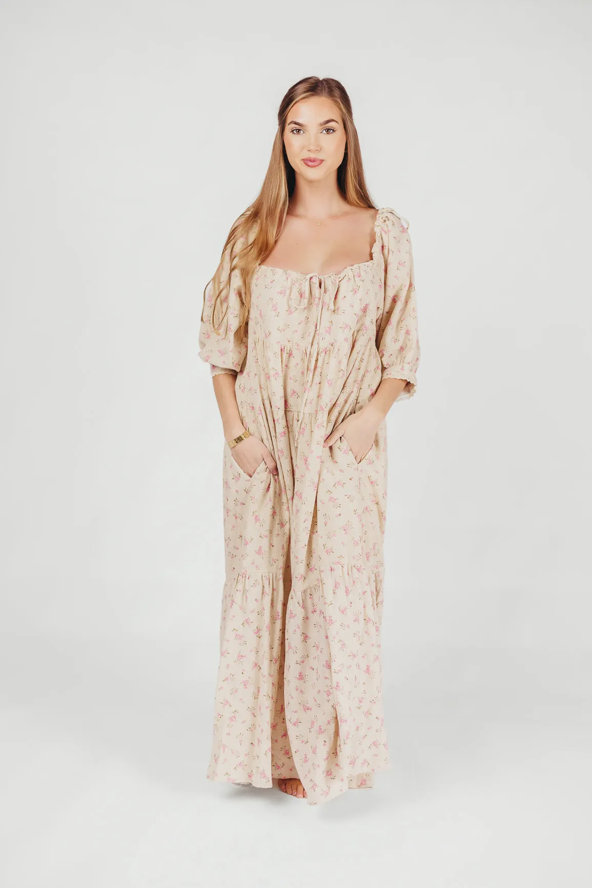 Cara 100% Cotton Maxi Dress in Pink/Brown Floral