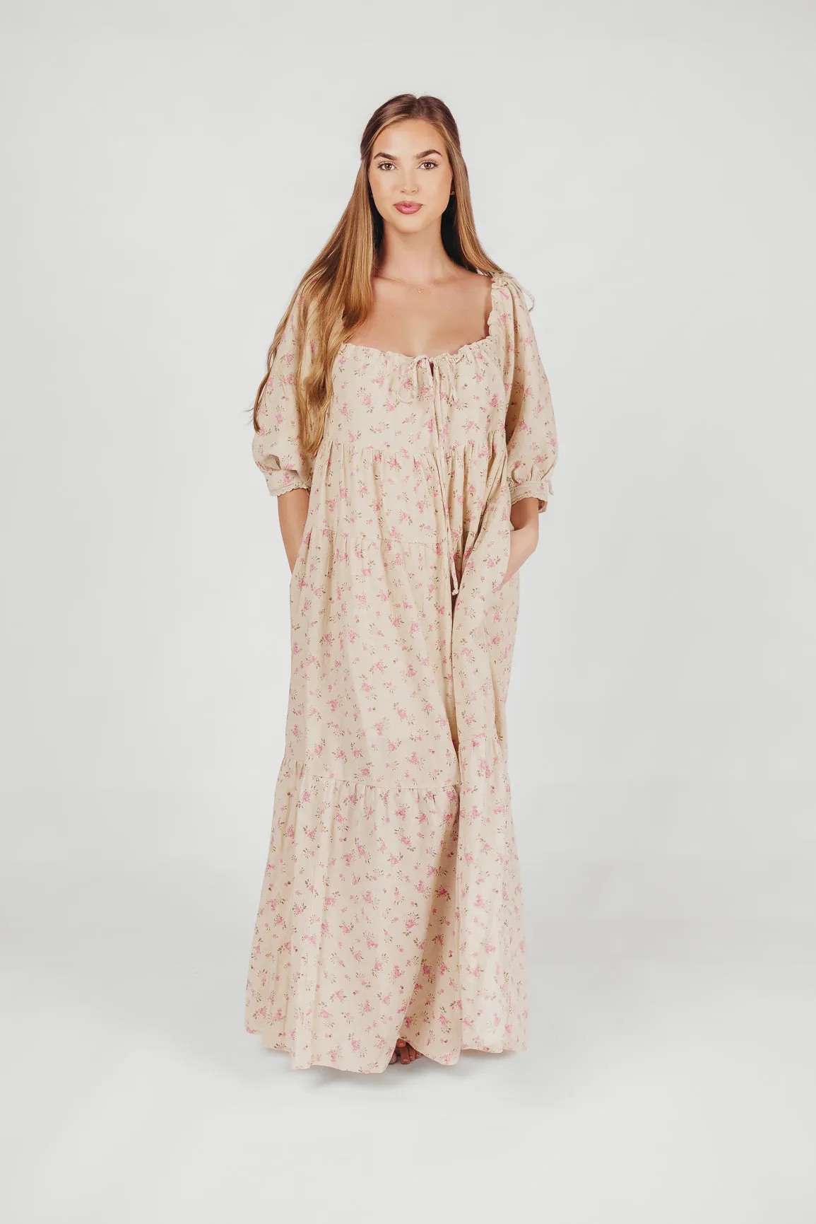 Cara 100% Cotton Maxi Dress in Pink/Brown Floral