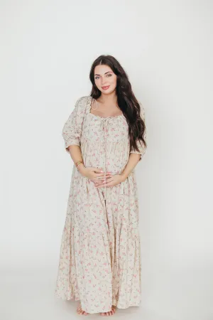 Cara 100% Cotton Maxi Dress in Pink/Brown Floral