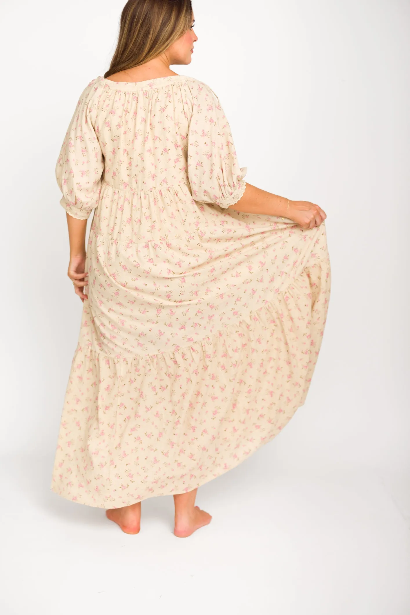 Cara 100% Cotton Maxi Dress in Pink/Brown Floral