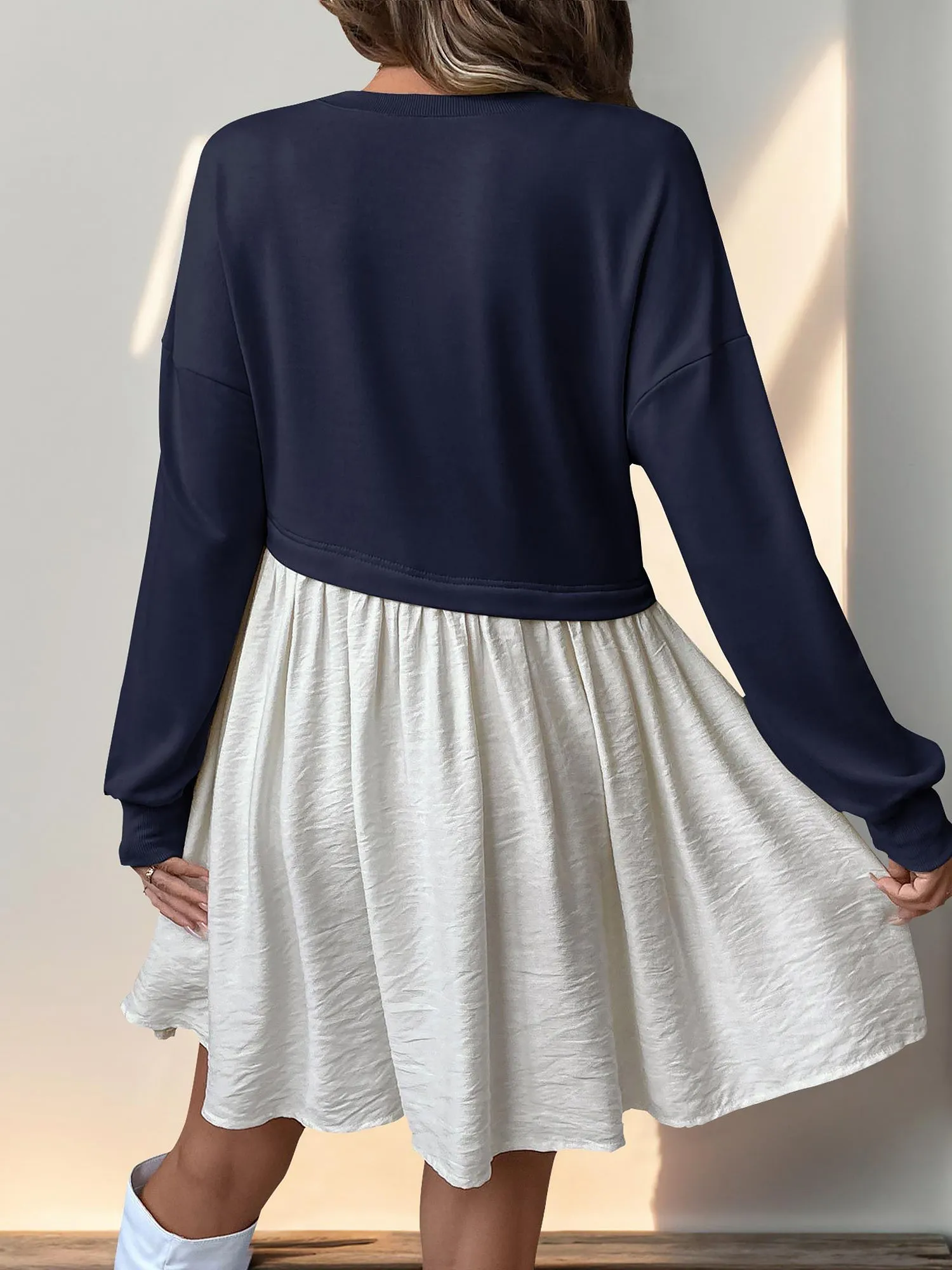 Casual Round Neck Long Sleeve Patchwork Mini Dress