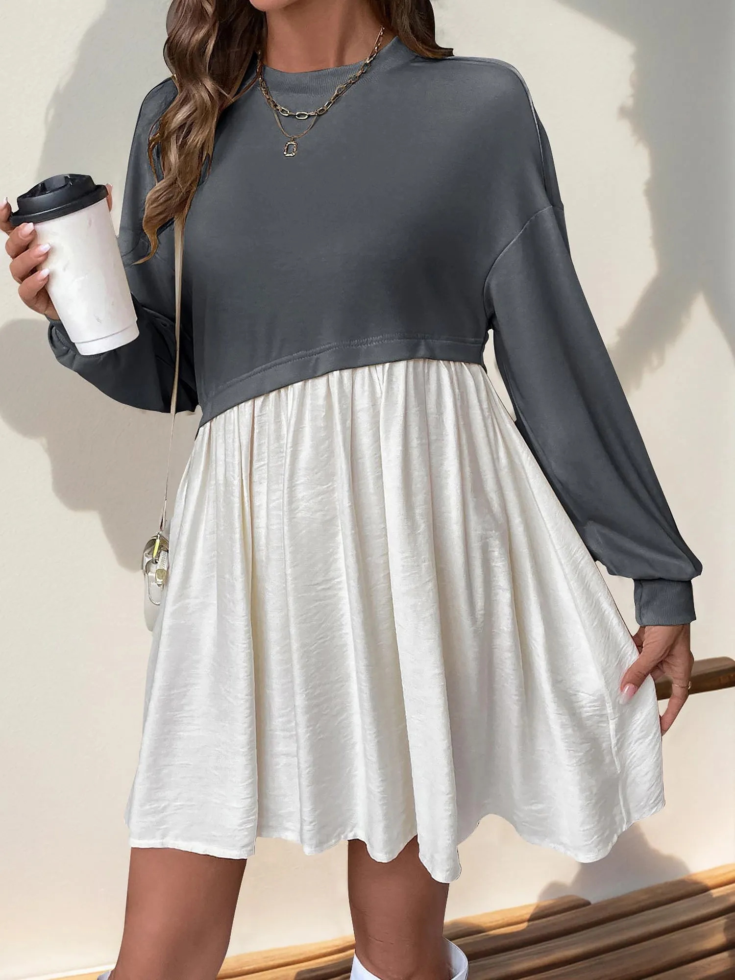 Casual Round Neck Long Sleeve Patchwork Mini Dress