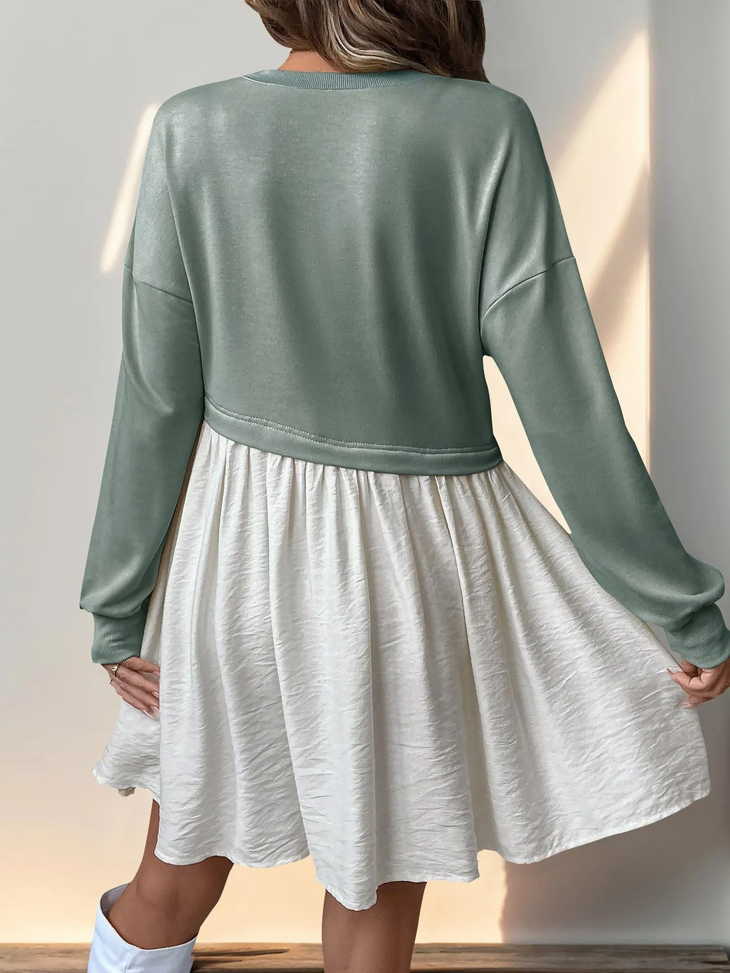 Casual Round Neck Long Sleeve Patchwork Mini Dress