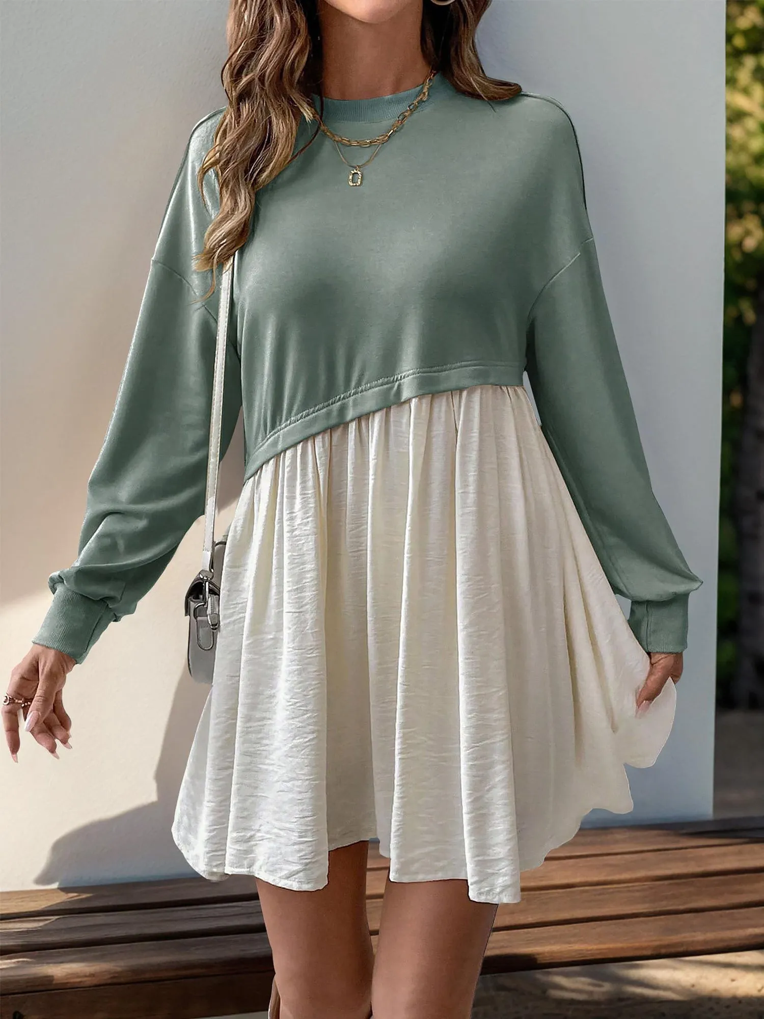 Casual Round Neck Long Sleeve Patchwork Mini Dress