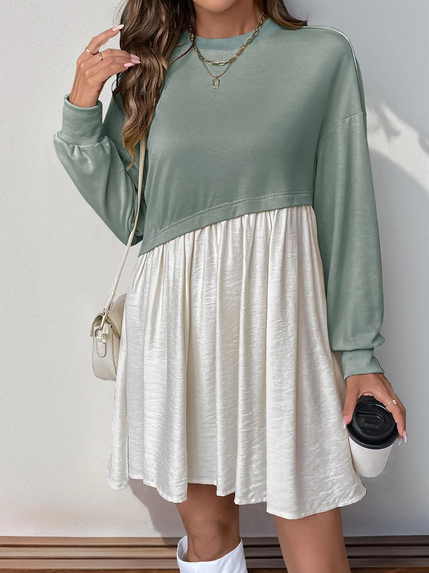Casual Round Neck Long Sleeve Patchwork Mini Dress
