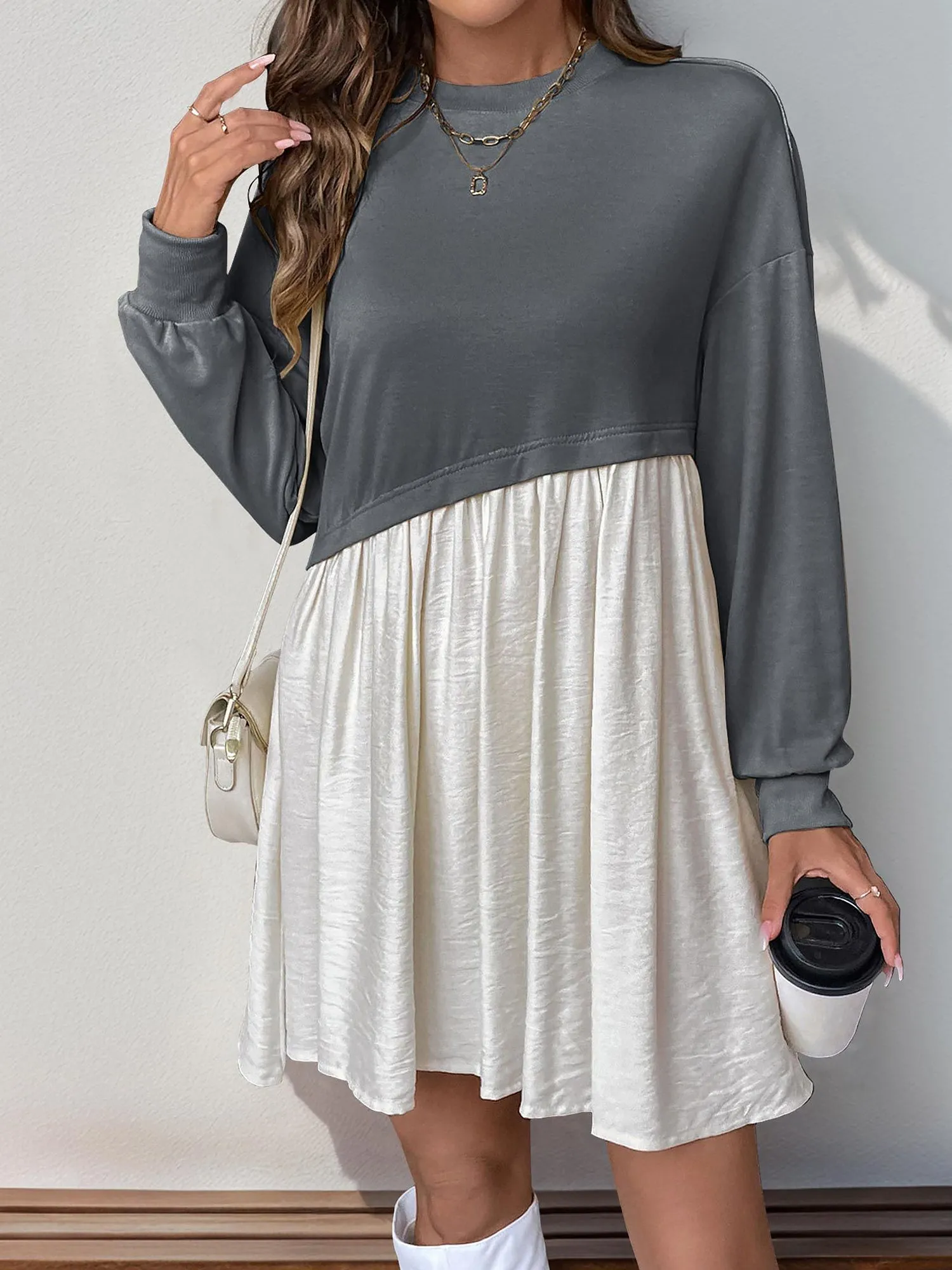 Casual Round Neck Long Sleeve Patchwork Mini Dress