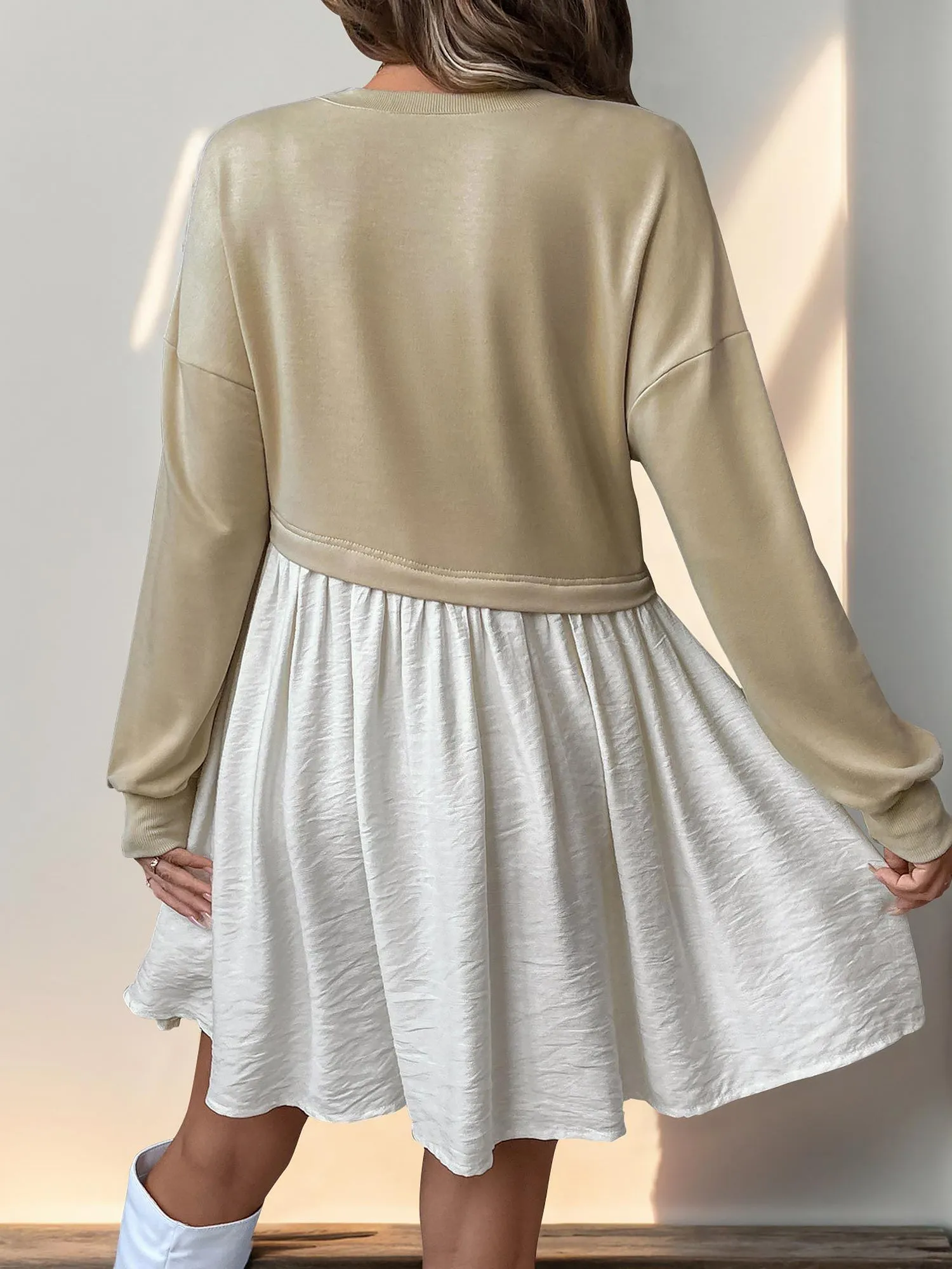Casual Round Neck Long Sleeve Patchwork Mini Dress