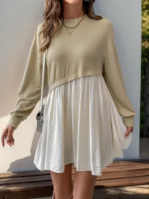 Casual Round Neck Long Sleeve Patchwork Mini Dress