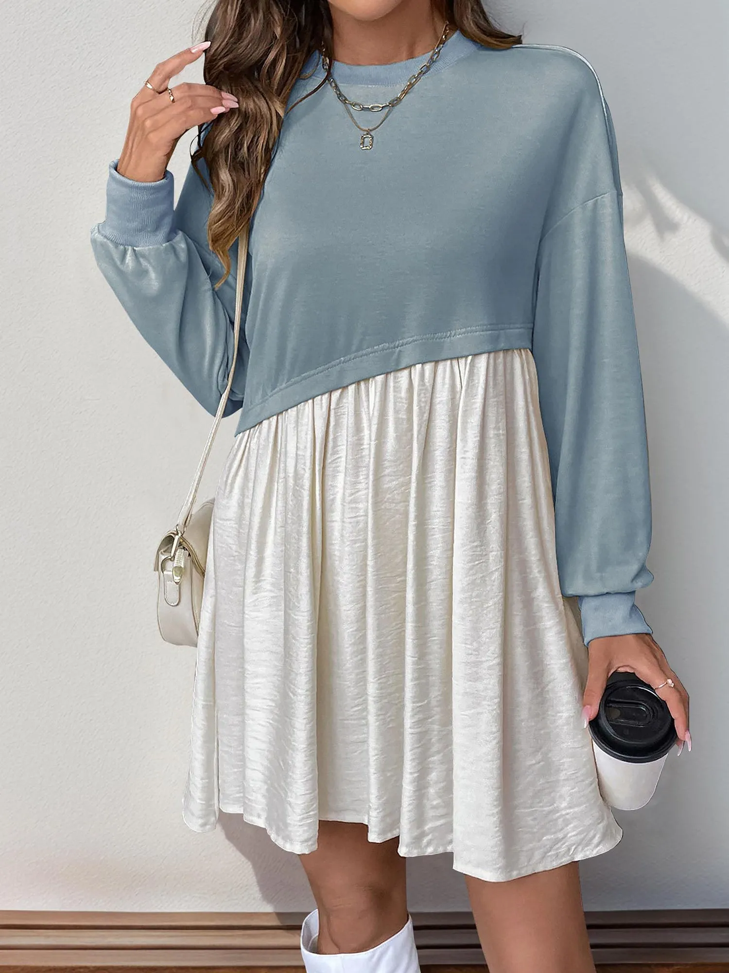 Casual Round Neck Long Sleeve Patchwork Mini Dress