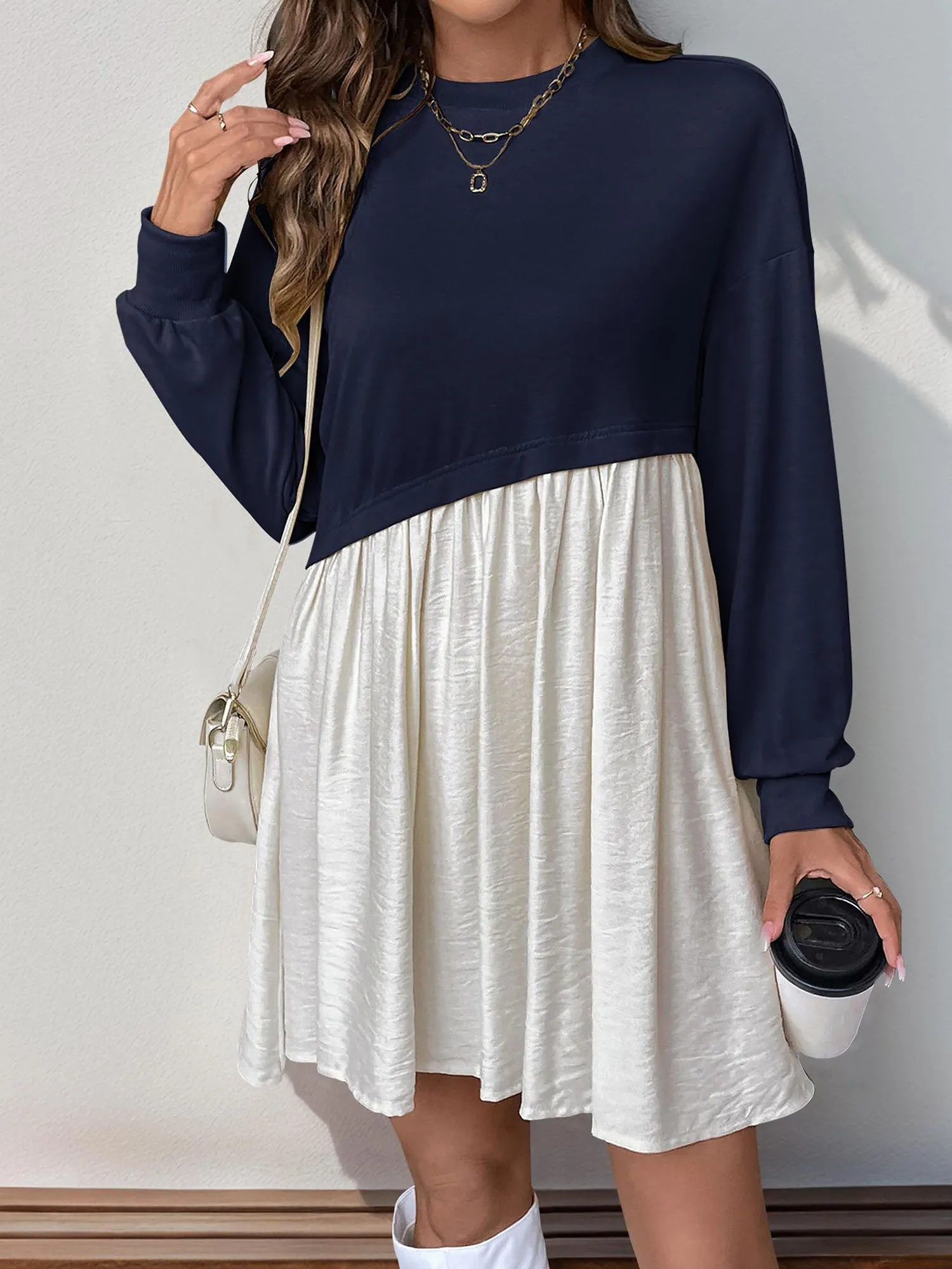 Casual Round Neck Long Sleeve Patchwork Mini Dress