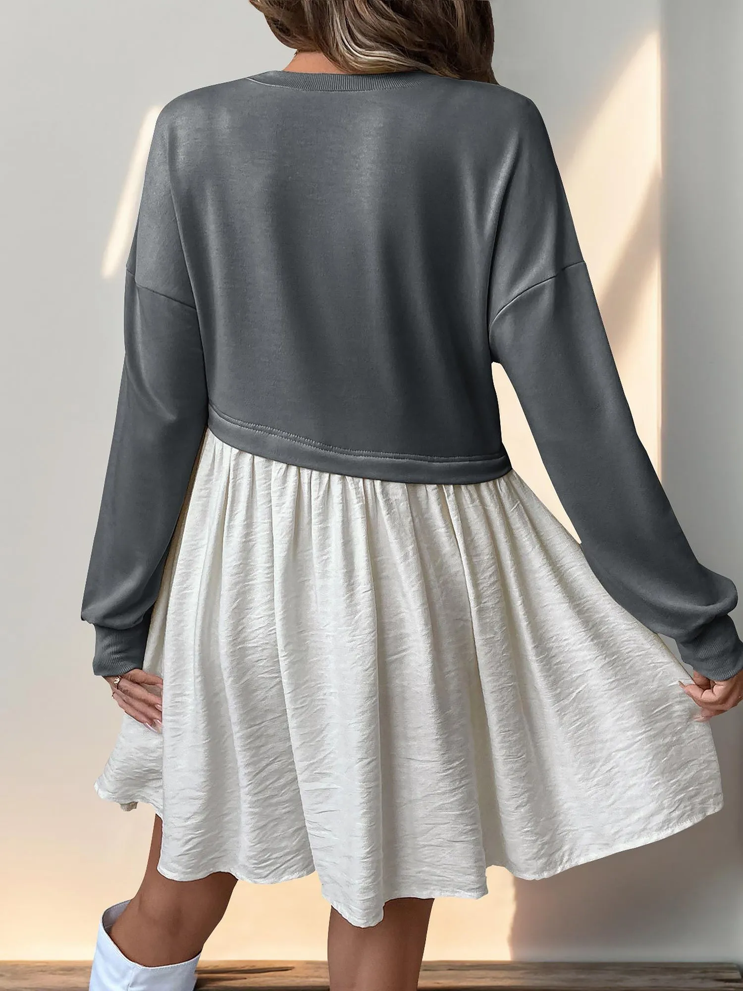 Casual Round Neck Long Sleeve Patchwork Mini Dress