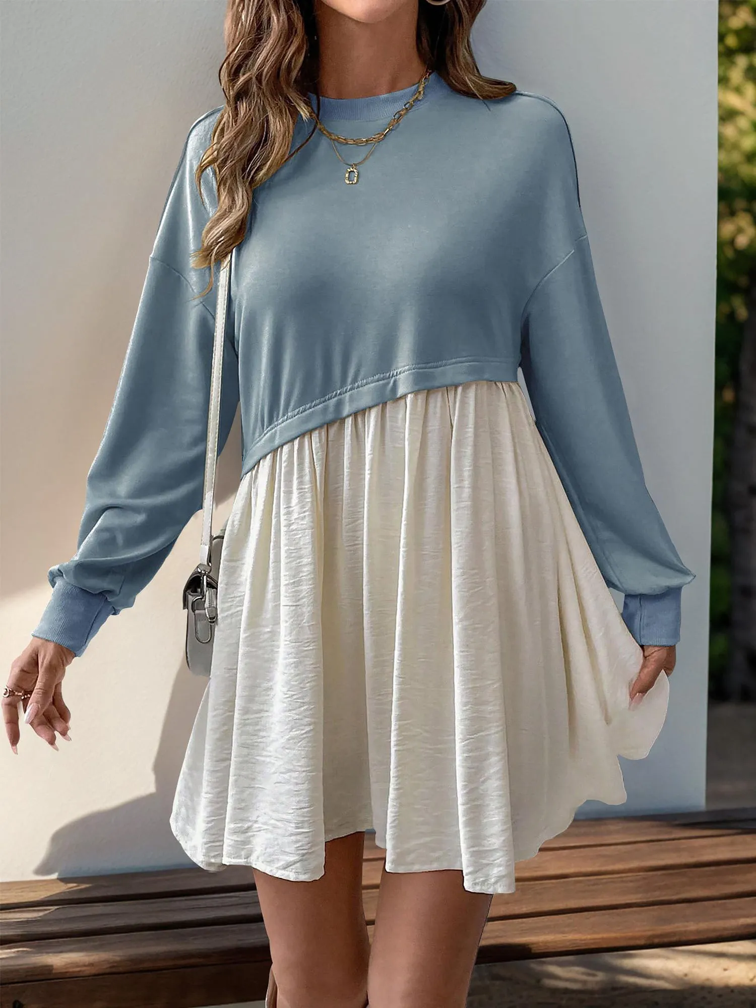 Casual Round Neck Long Sleeve Patchwork Mini Dress