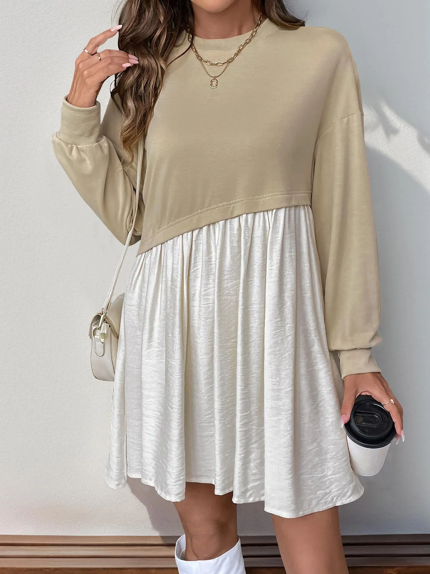 Casual Round Neck Long Sleeve Patchwork Mini Dress