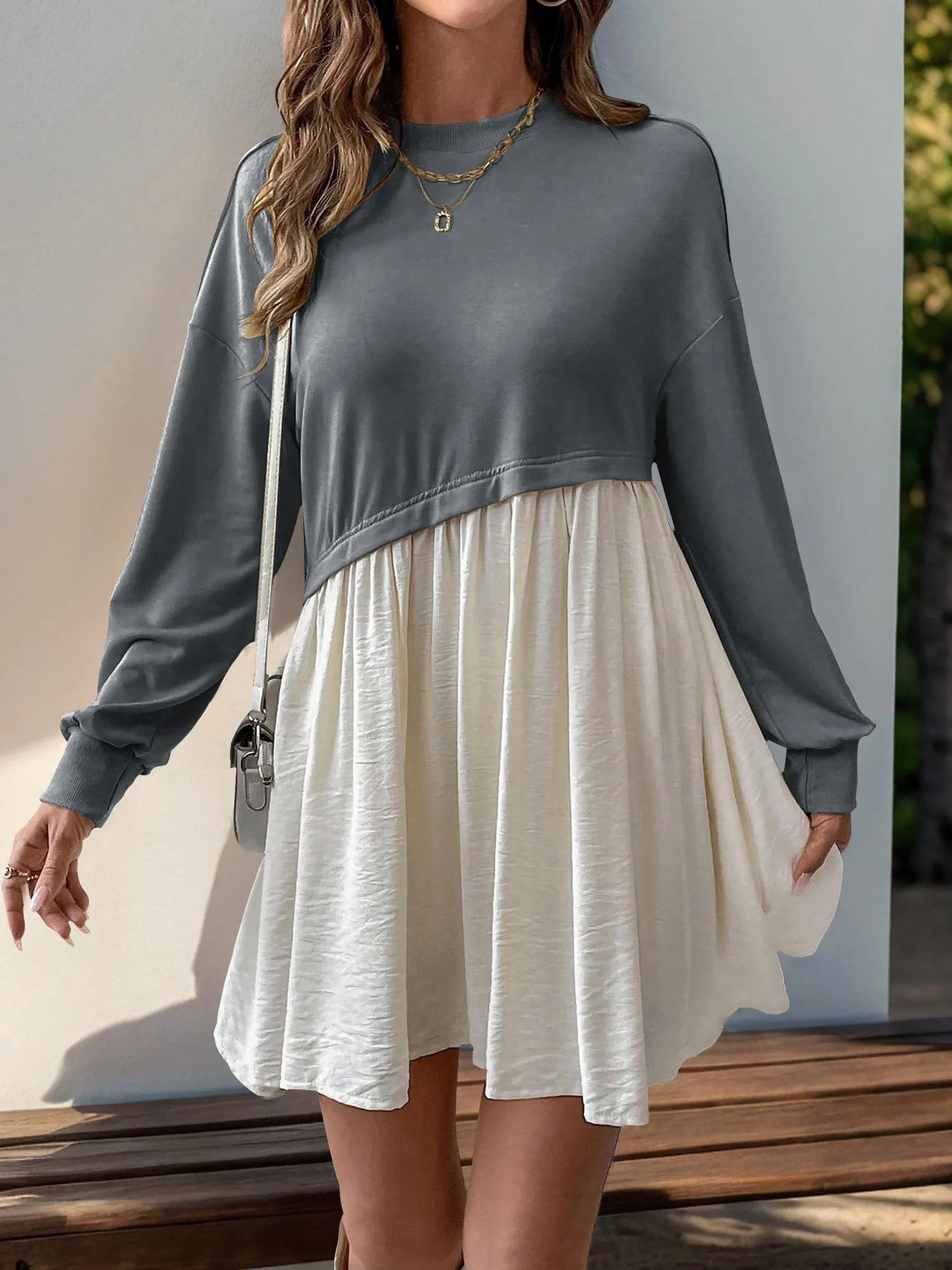 Casual Round Neck Long Sleeve Patchwork Mini Dress
