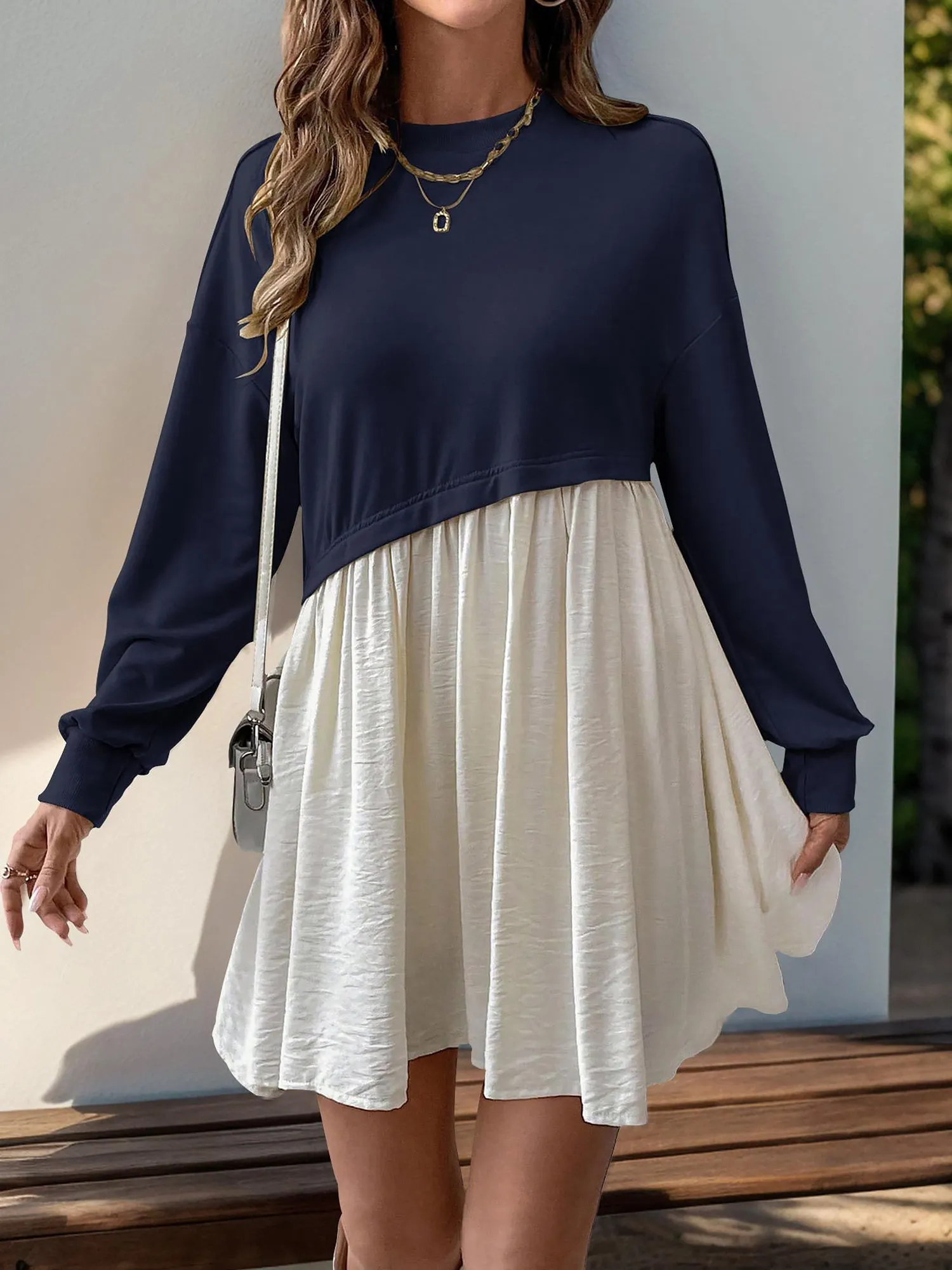 Casual Round Neck Long Sleeve Patchwork Mini Dress
