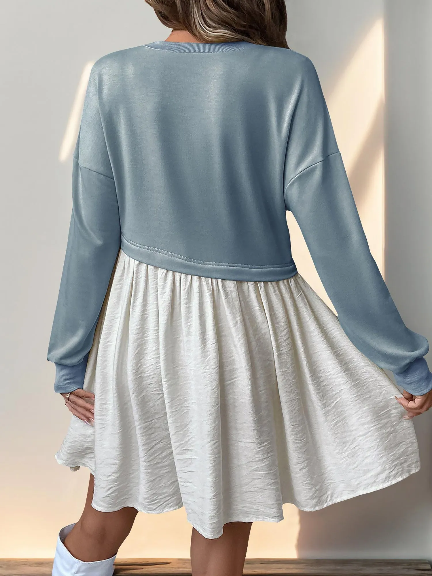 Casual Round Neck Long Sleeve Patchwork Mini Dress