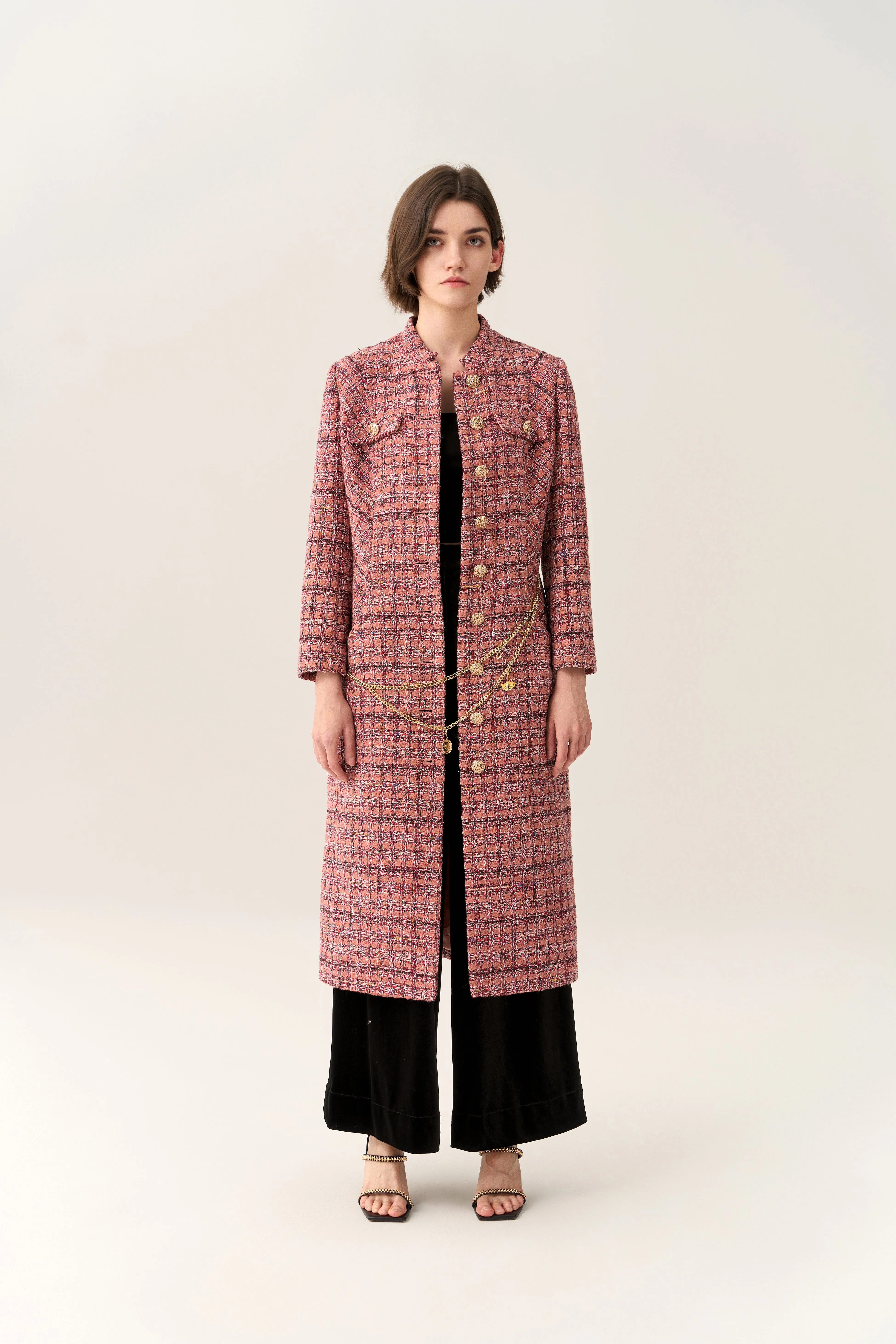 Charm-detail Chain Belt Stand Collar Tweed Dress